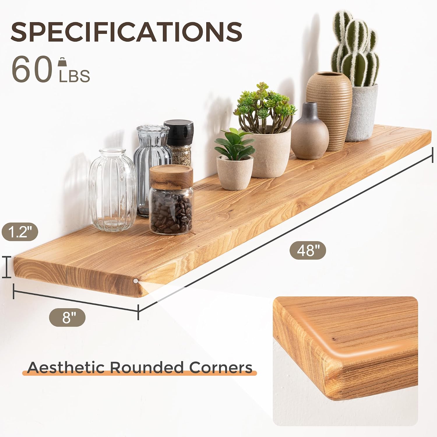 Detalle de Fun Memories FS-DCZ48-1 Solid Elm Floating Shelf, 48-Inch, 8-Inch Deep