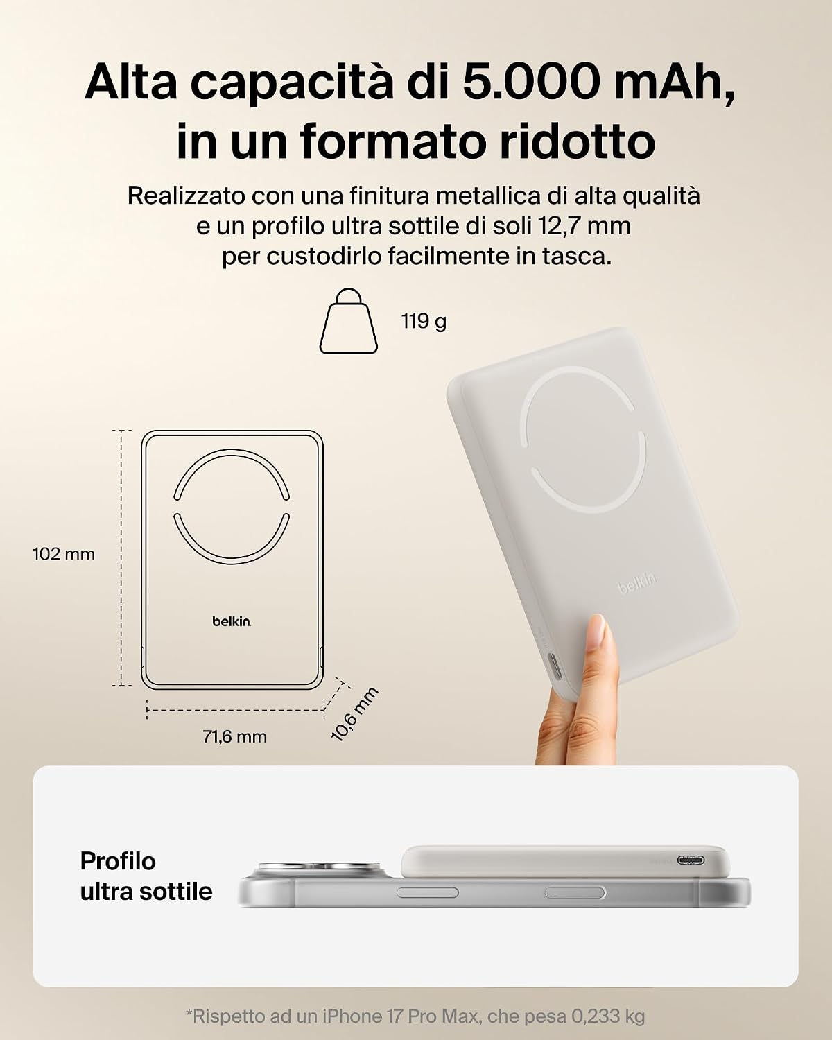 Detalle 2 de Belkin BoostCharge Power Bank 5000 mAh magnetico: ricarica rapida e portatile per iPhone, Galaxy e Pixel