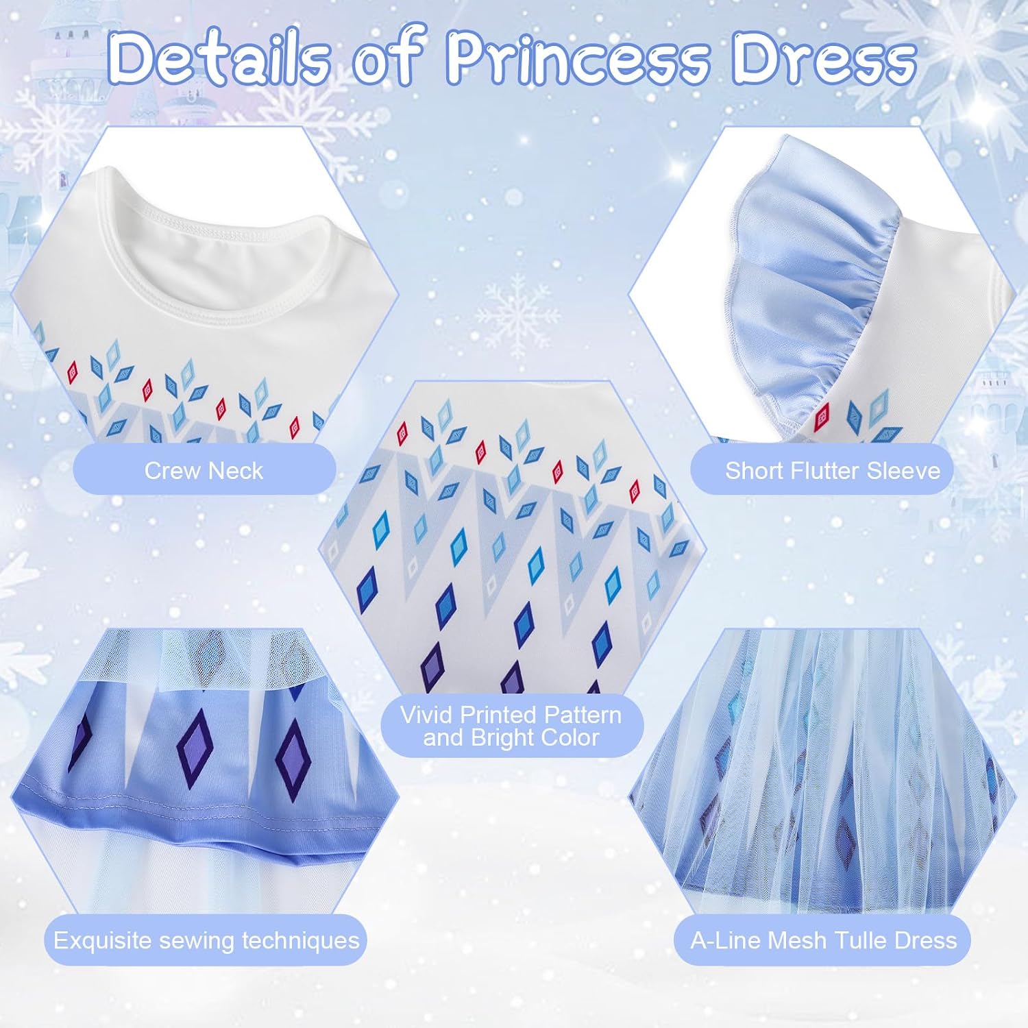 Detalle de HenzWorld Princess A-line Tulle Dress for Girls, Flutter Sleeves
