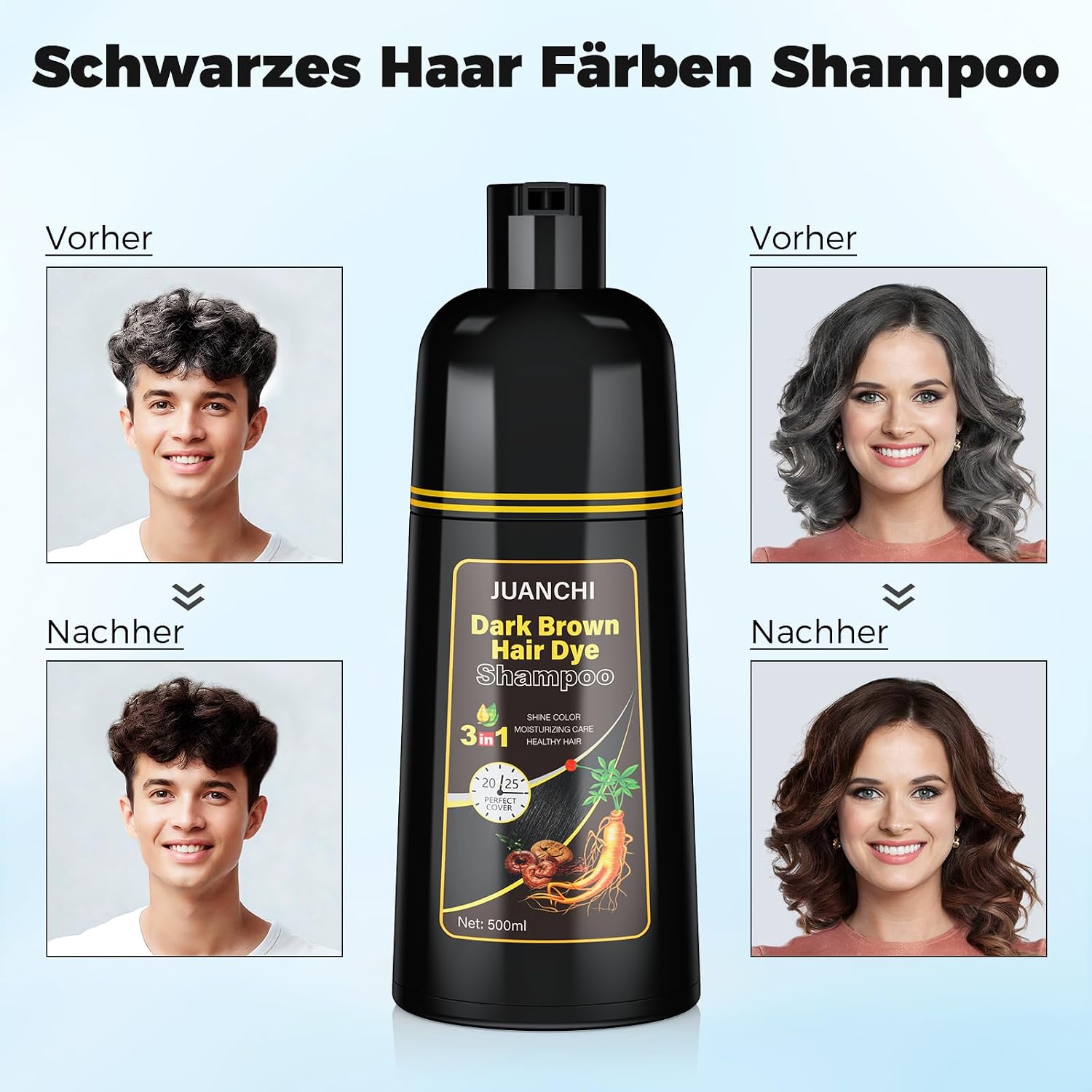Detalle 2 de JUANCHI Dunkelbraunes Haarfärbeshampoo für Graues Haar – 500 ml