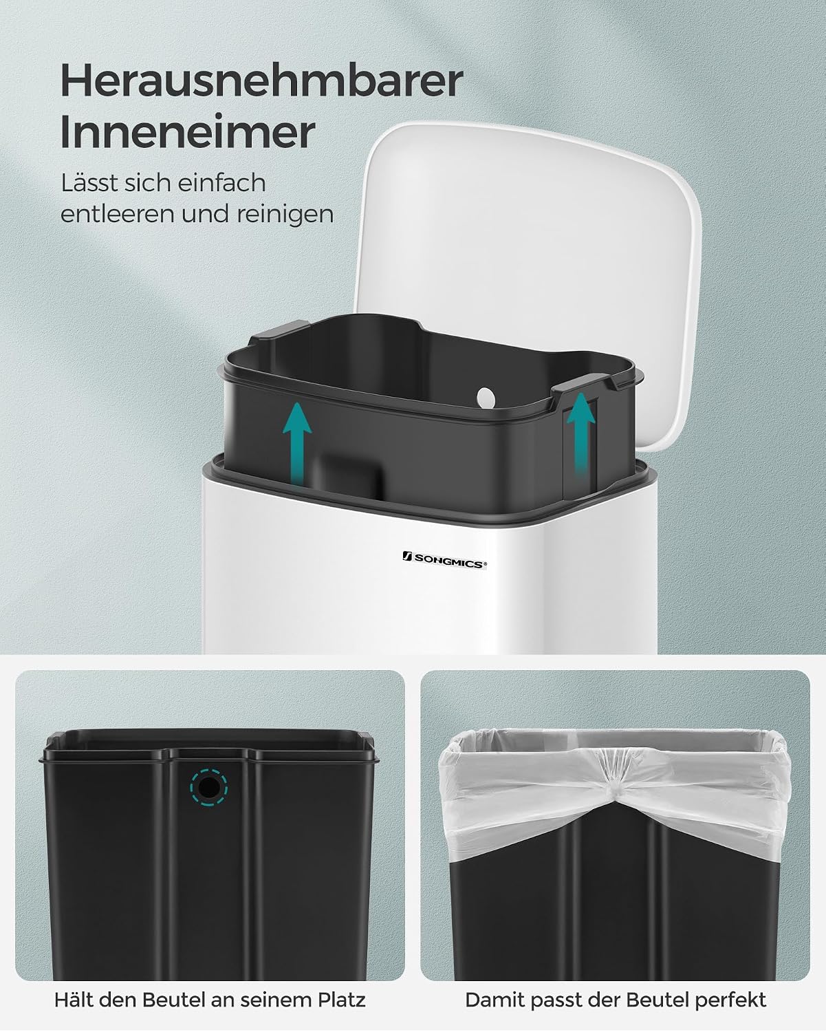 Detalle de SONGMICS Tretmülleimer Küche 30 Liter (LTB01W) aus Stahl mit Softclose und Deckel