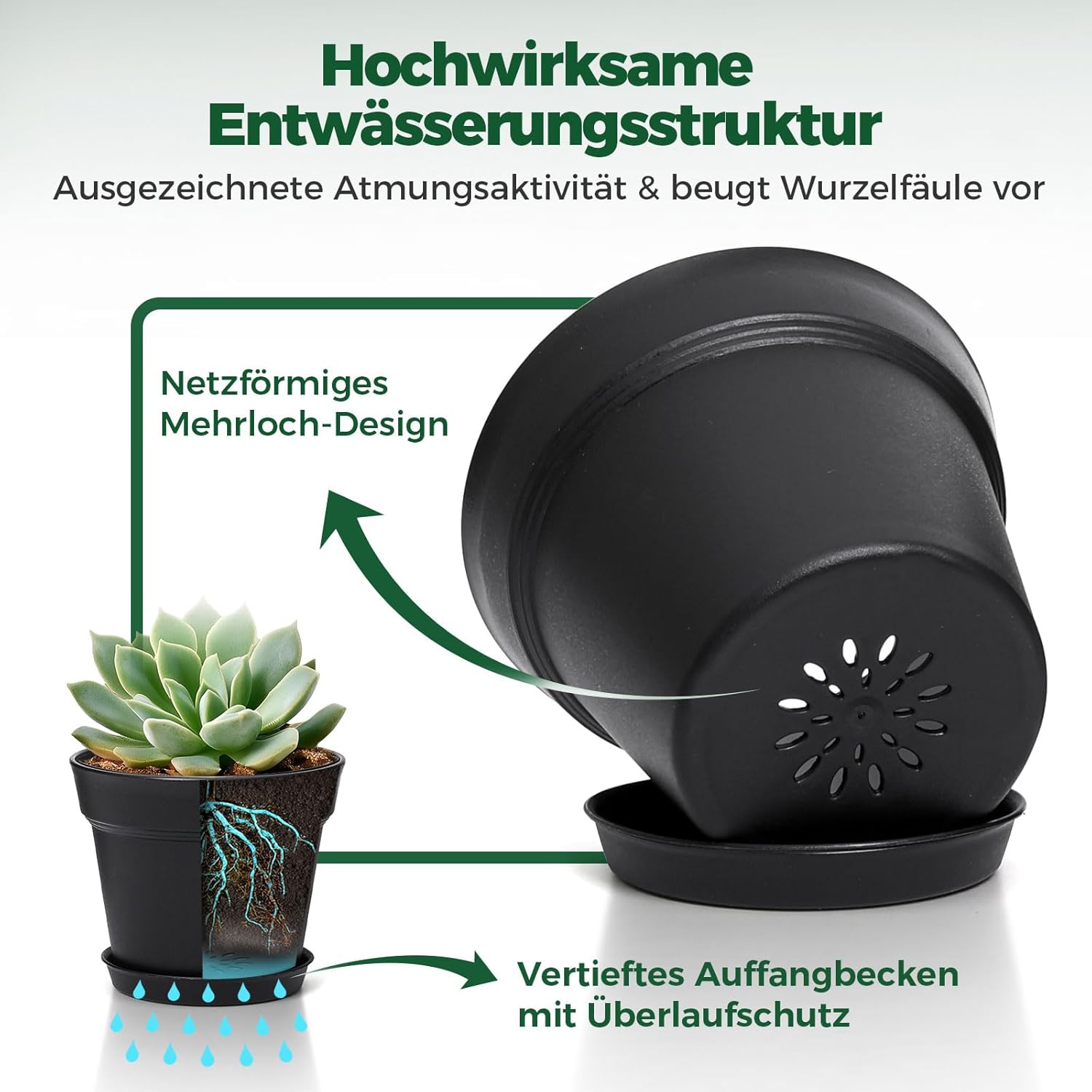 Thumbnail 3 de T4U Set di Vasi da Interno 19 cm con Sottovaso Nero – 6 Vasi Rotondi in Plastica con Fori di Drenaggio
