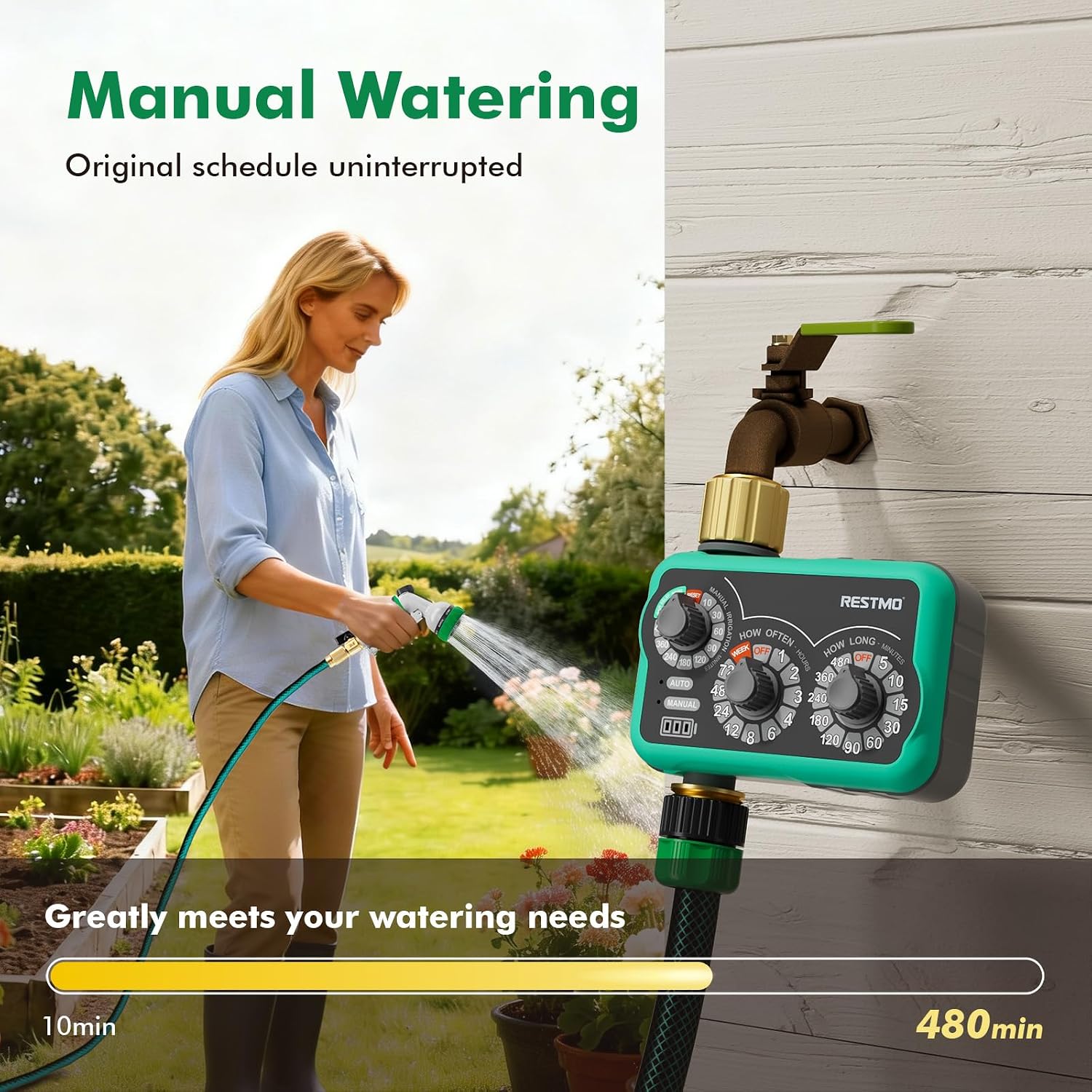 Detalle de Restmo 3-Dial Analog Water Timer with Brass Inlet & Outlet (480 Minutes Max)
