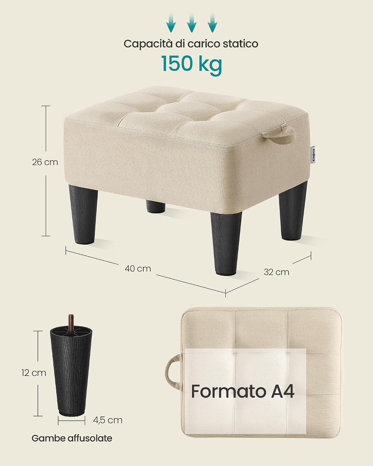 Thumbnail 2 de SONGMICS Sgabello Poggiapiedi con Pouf Contenitore Lino sintetico, Beige Sabbia/Nero Inchiostro – LOM502LF01