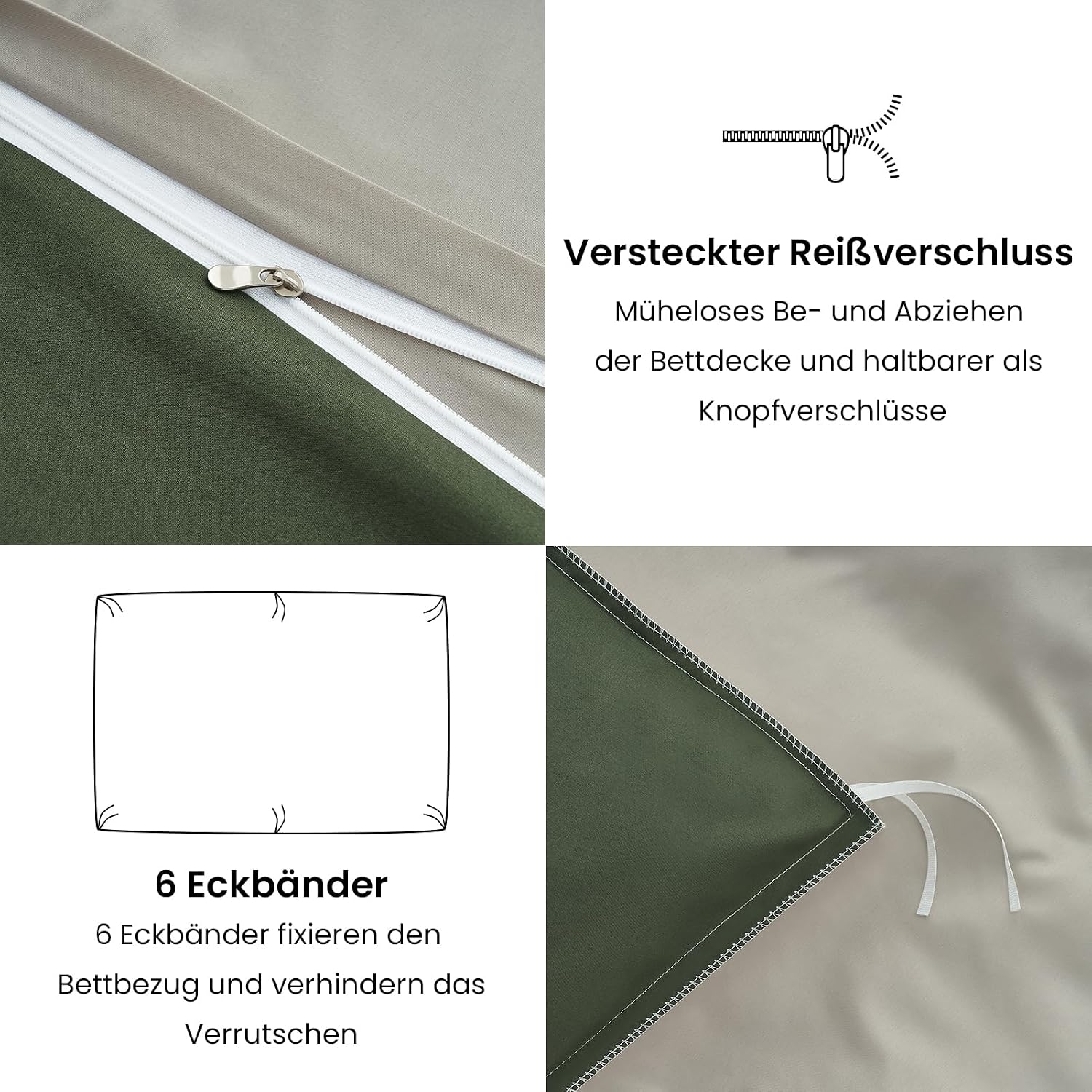 Detalle 2 de Duvetnova Bettwäsche-Set 135x200 (4-teilig) Olivgrün/Beige mit Reißverschluss