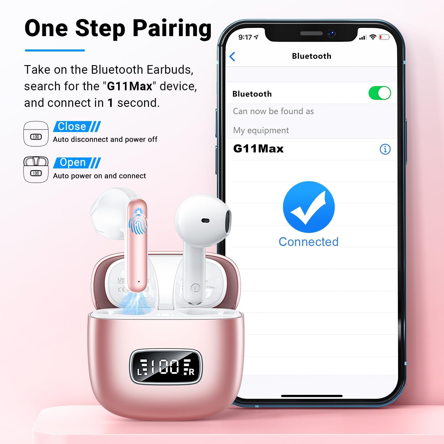 Detalle 2 de Godyse G11MAX Wireless Earbuds, Bluetooth 5.4, Up to 42 Hours, Pink