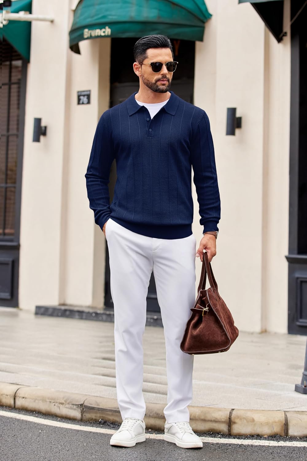 Detalle de COOFANDY Men's Knit Polo Sweater, Long Sleeve with 3-Button Collar