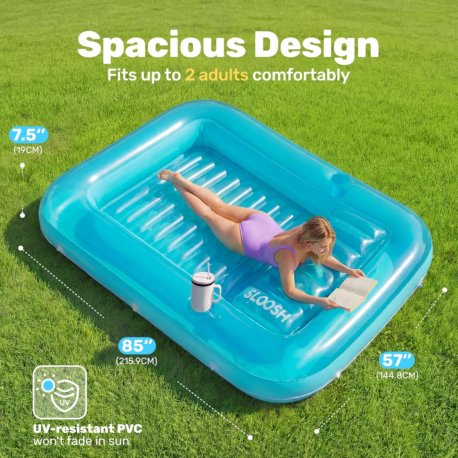 Thumbnail 1 de Sloosh Inflatable Tanning Pool Lounger Float (85" x 57") — XL Blue 4-in-1 Suntan Tub Raft Lounge