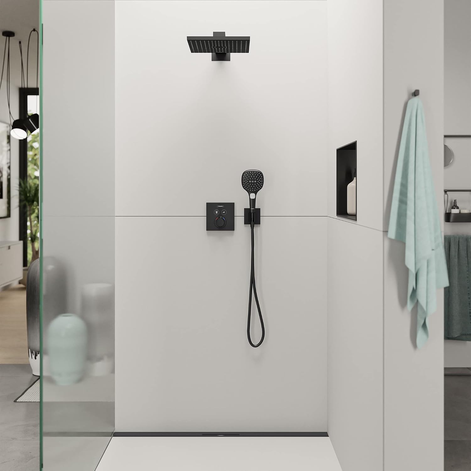 Detalle de Hansgrohe Coude de raccordement avec support Fixfit E – Douchette murale noir mat (26889670)