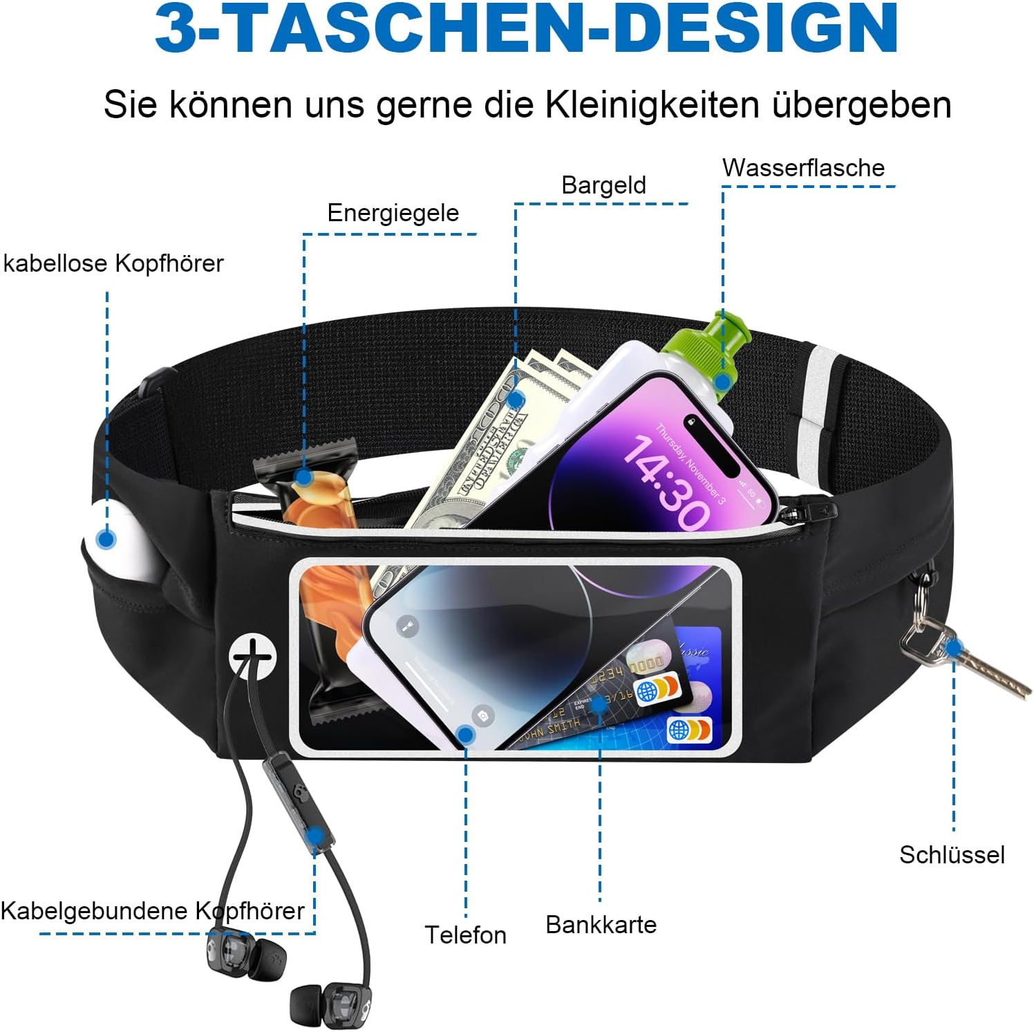 Detalle de Razobws Laufgürtel für Handy | Wasserdichter, ultraleichter Running Belt mit Touchscreen-Fenster