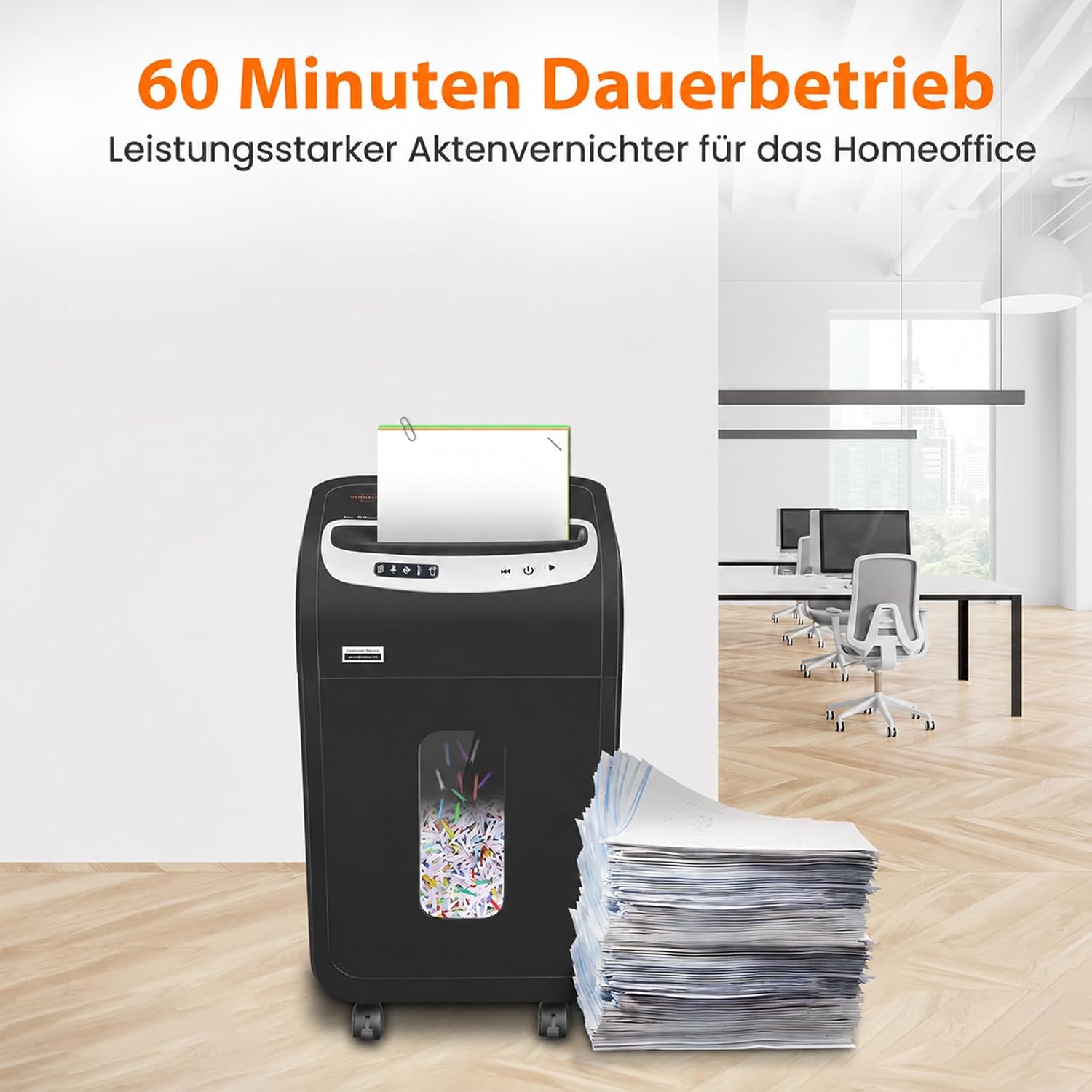 Detalle 2 de VidaTeco Aktenvernichter für Büro und Homeoffice – P-4 Kreuzschnitt, 20 Blatt, 60 Minuten Dauerbetrieb, leise 58 dB, 30 L Behälter