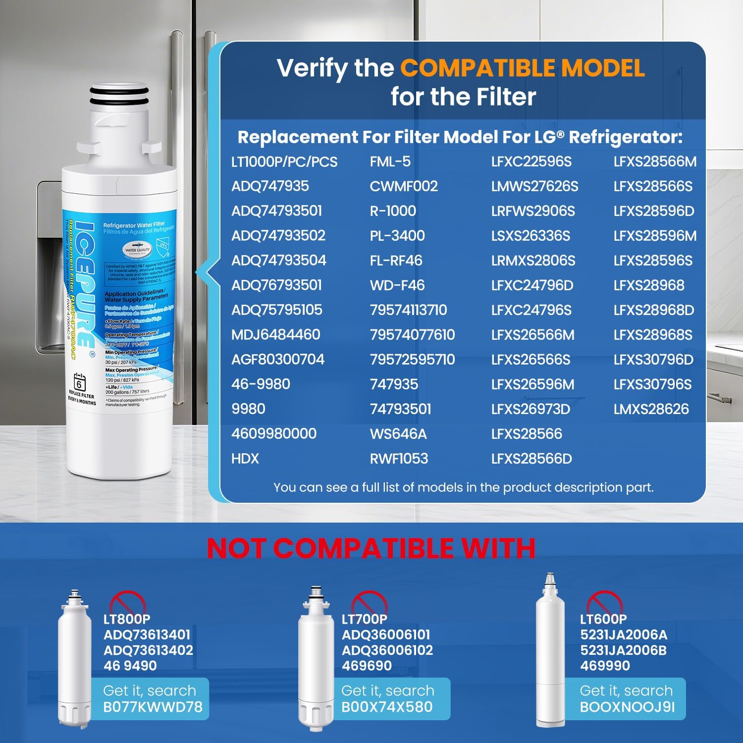 Detalle de ICEPURE RWF4700AC koelkastwater- en luchtfilter met actieve kool, 3 stuks