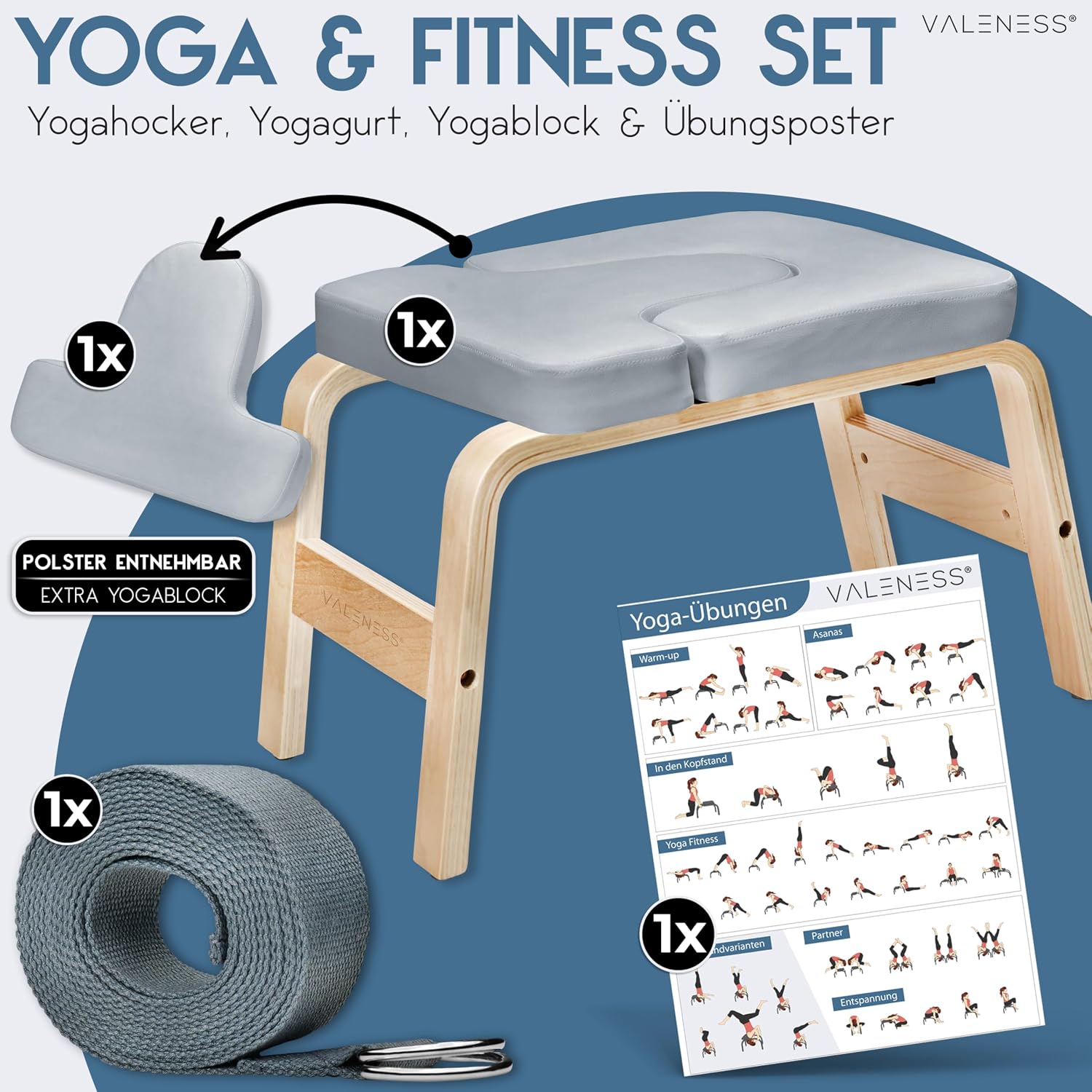 Detalle de VALENESS Yoga Kopfstandhocker – Hochwertiger Yoga Stuhl inkl. Yogagurt, Yogablock & Übungsposter