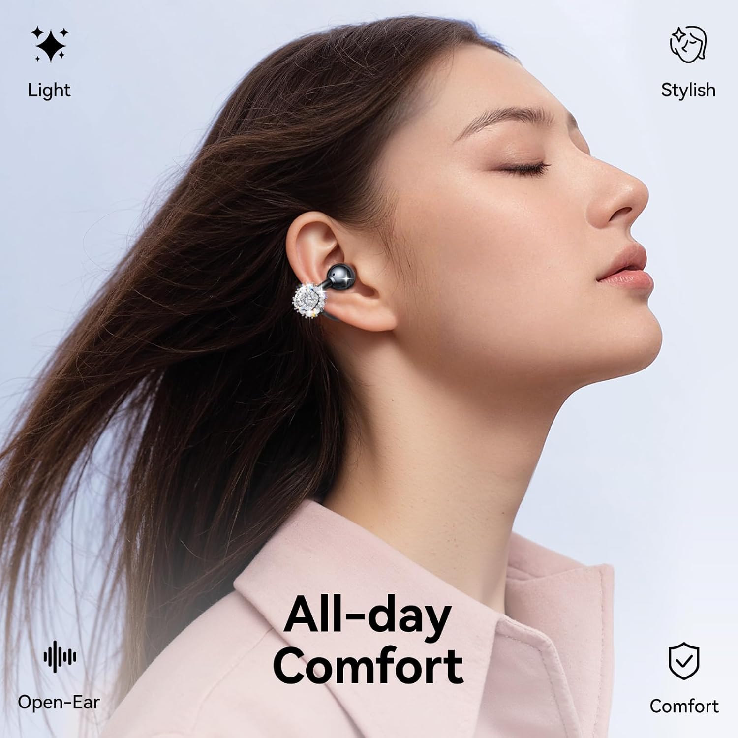 Thumbnail 2 de Kinglucky Jewelry-Inspired Clip-On Open-Ear Bluetooth Earbuds with Removable Crystal Earrings (Black)
