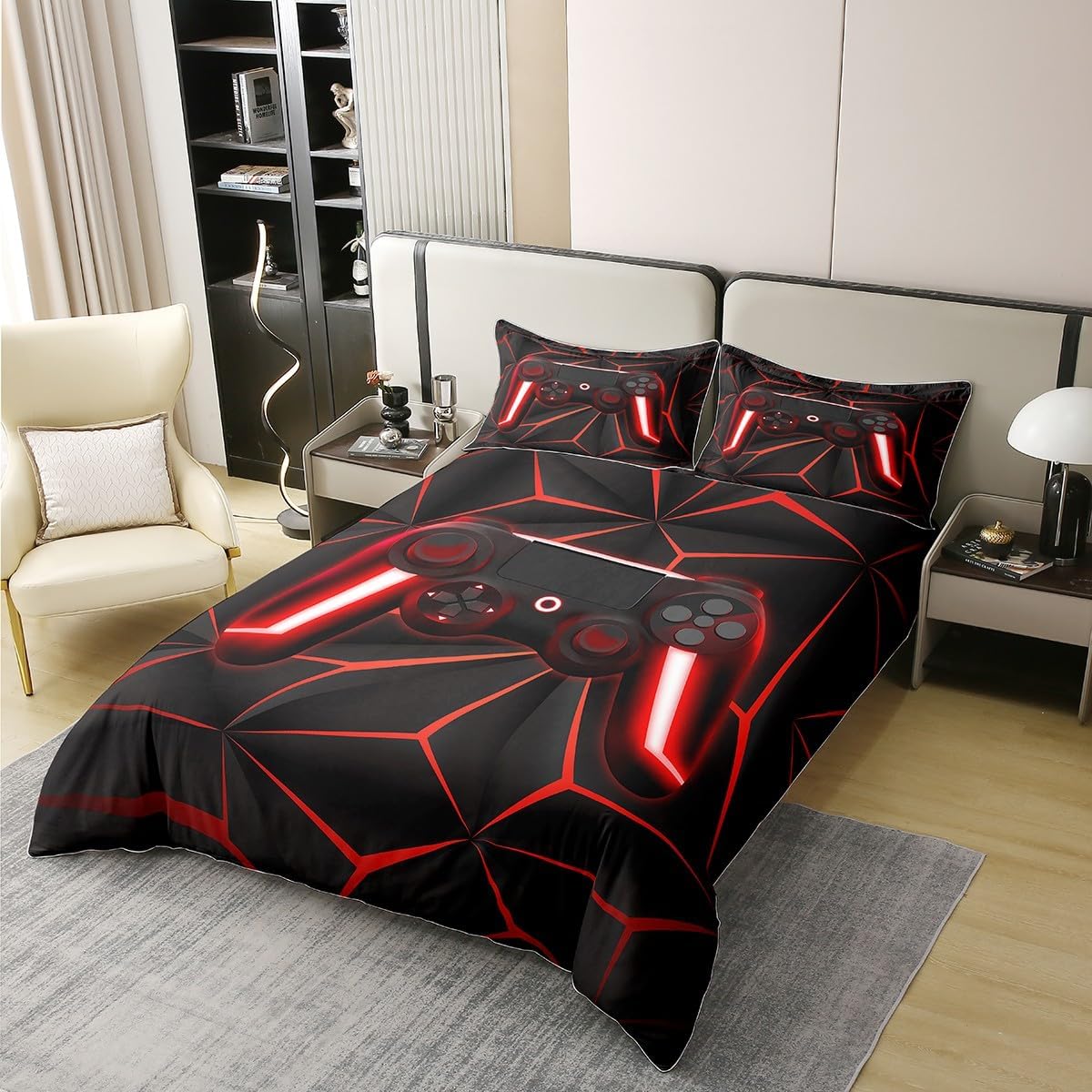 Thumbnail 1 de Homewish „Gamer“ Kinder-Bettbezug-Set aus 100% Baumwolle, 155x220 (reversibel) – Rot/Schwarz mit Controller-Design