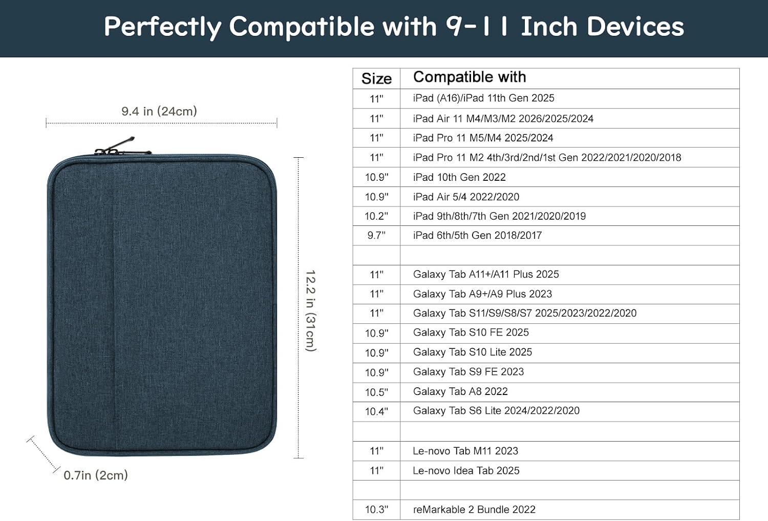 Thumbnail 1 de Dadanism 9–11 Zoll Tablet Tasche Hülle Dunkel Blau – kompatibel mit iPad Pro 11", iPad Air 11", Galaxy Tab 11" und mehr