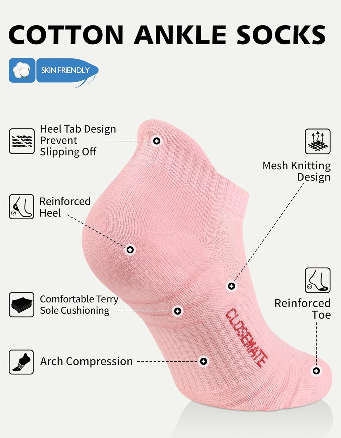 Thumbnail 3 de CLOSEMATE Calzini sportivi donna 6 paia in cotone con maglia traspirante e supporto arco