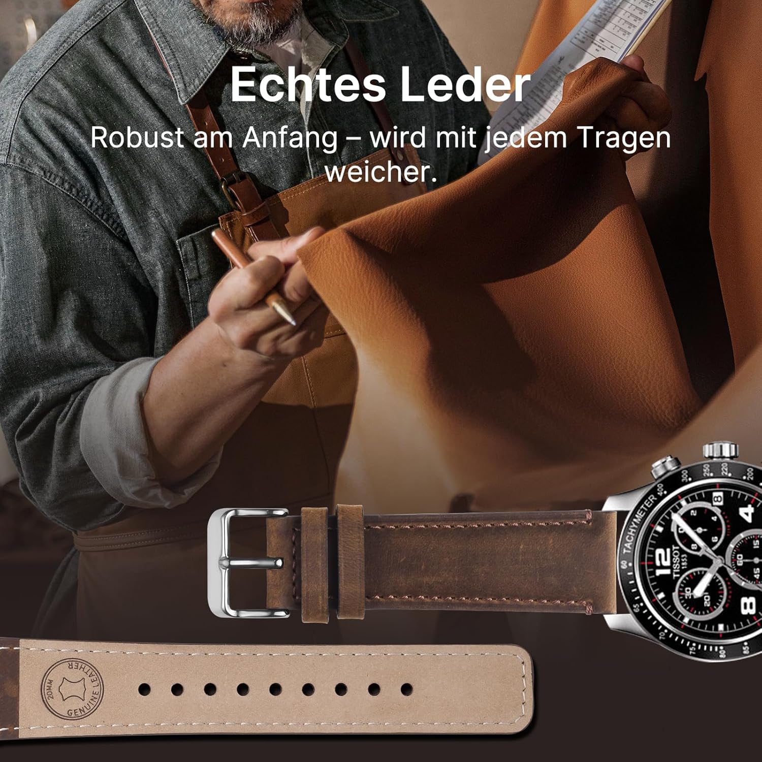 Thumbnail 2 de Fullmosa Echtleder Uhrenarmbänder 20 mm Quick-Release (2er Set) mit Edelstahlverschluss – Kaffe+Silber & Schwarz+Silber