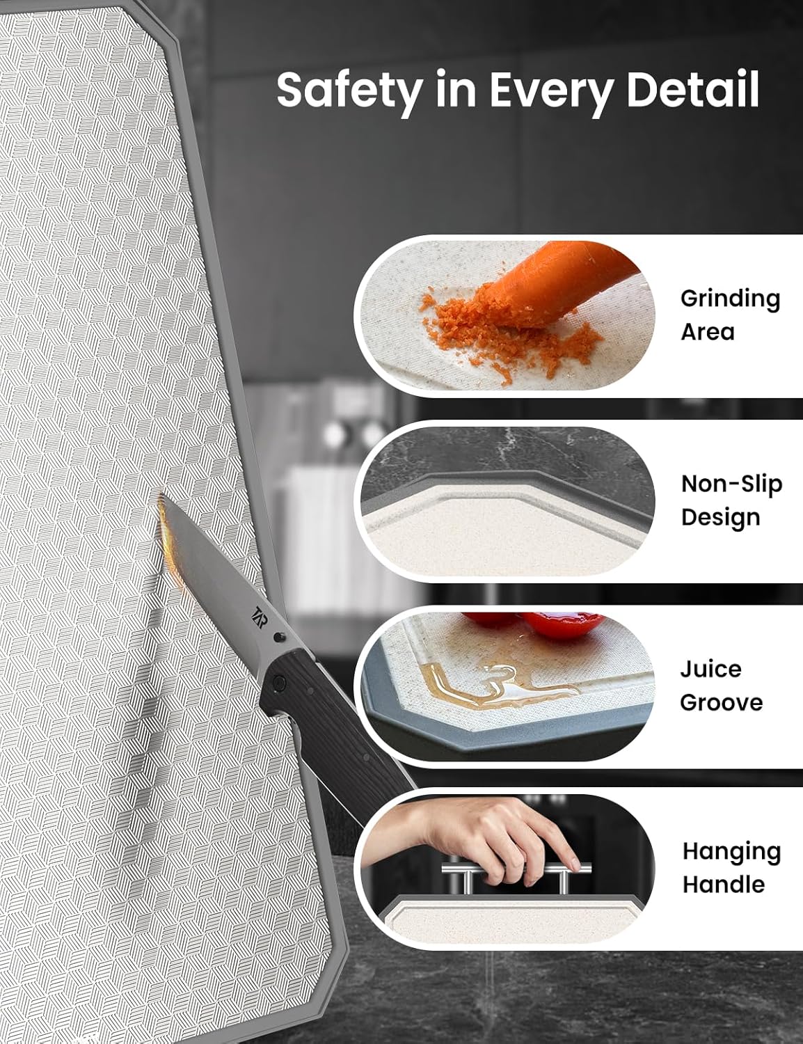Thumbnail 3 de Callsky Titanium Chopping Board, 41.5x28x2cm – Double Sided, Anti-Scratch Titanium & Quiet Wheat Straw with Juice Groove