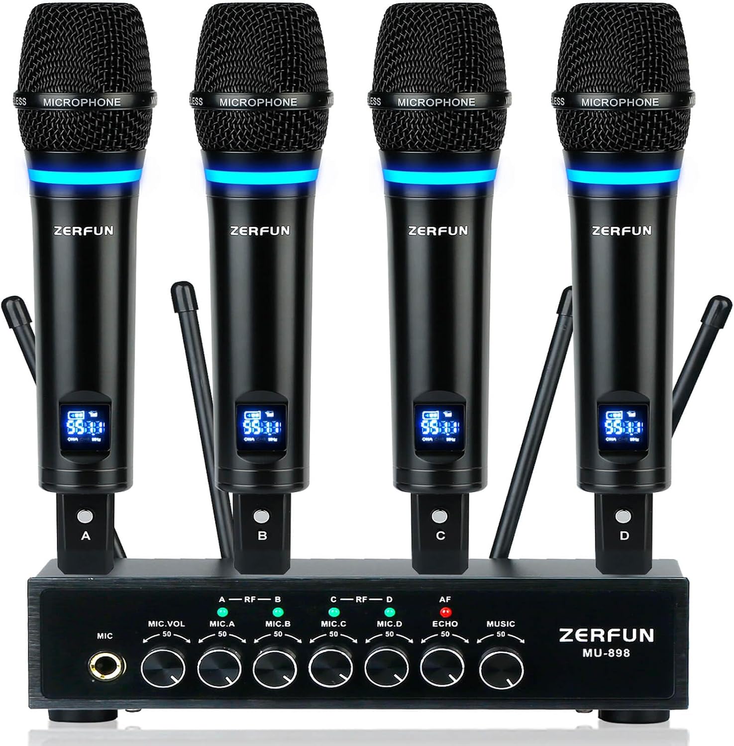 Detalle de ZERFUN MU-898 4-Channel Rechargeable Wireless Microphone System