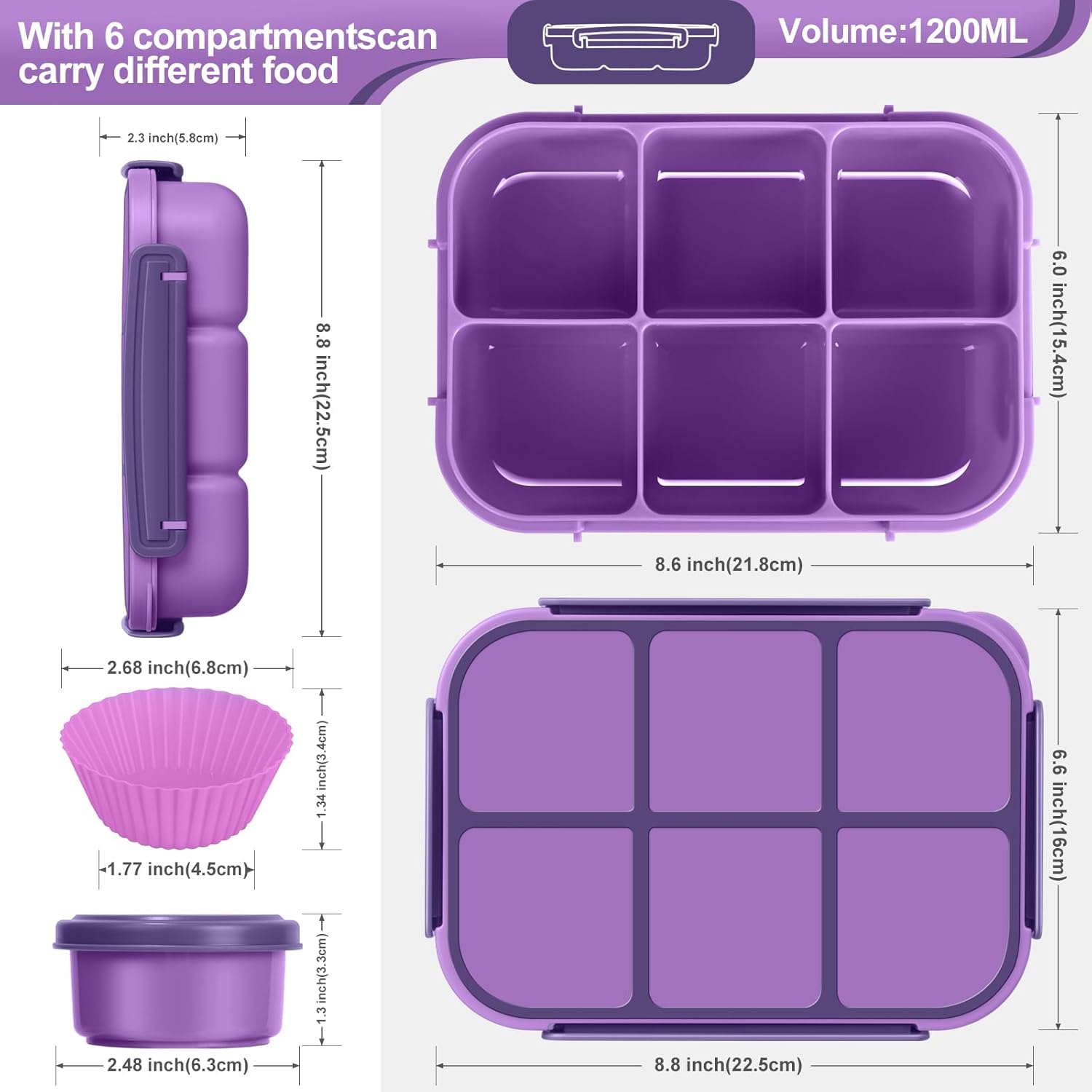 Thumbnail 1 de Amathley Bento-Box 16-in-1: 1200 ml Lunchbox Set für Kinder und Erwachsene (Lila, 6 Fächer, 10 Obstgabeln, 4 Muffinförmchen)