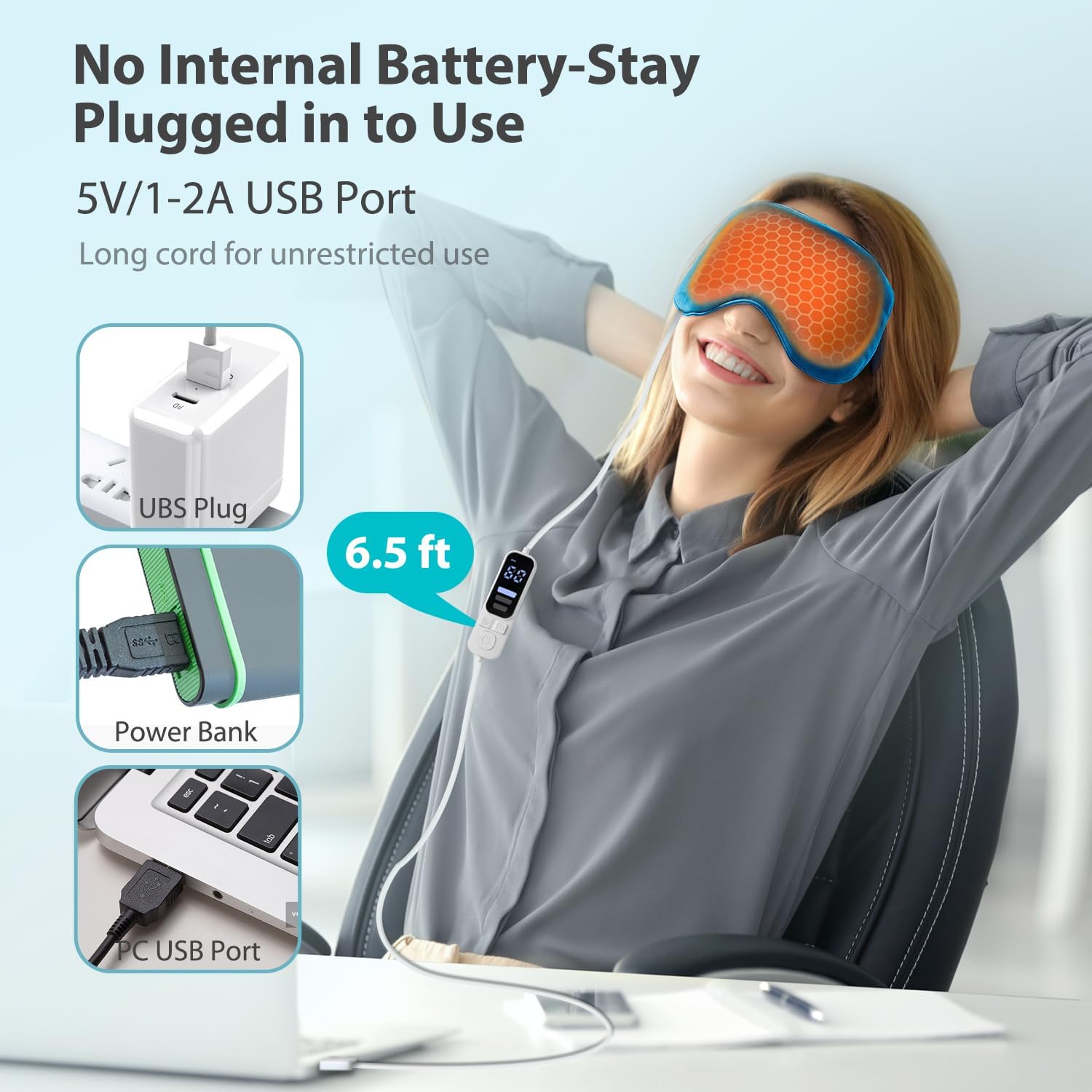 Detalle de Ezona Heated Eye Mask USB Eye Compress, Adjustable Heat and Timer, Blue