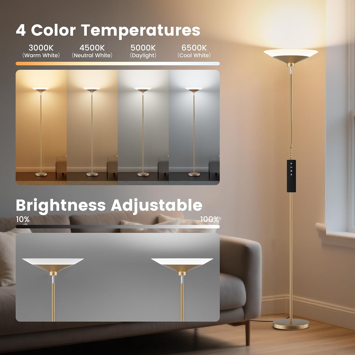Detalle de SIBRILLE 72-Inch Torchiere Floor Lamp, Dimmable LED with Remote