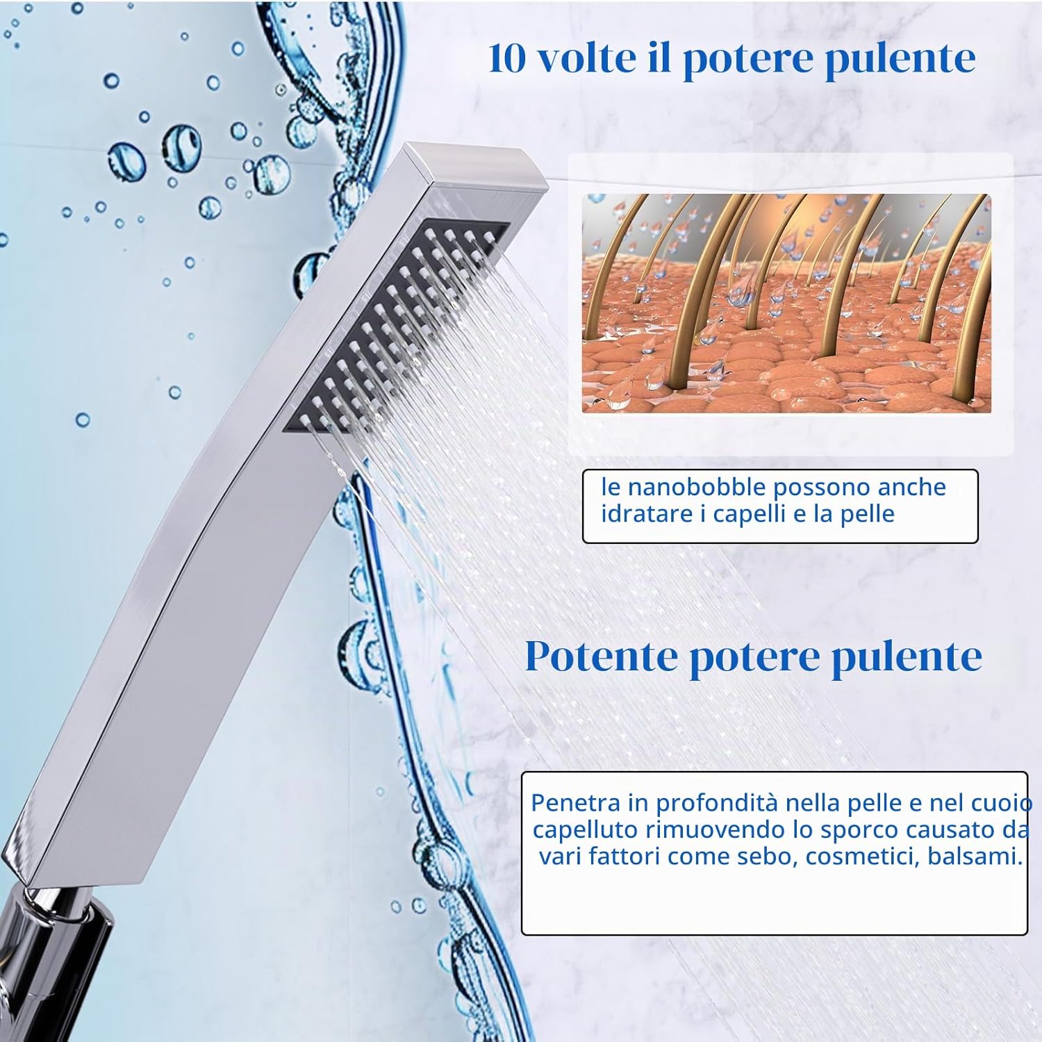 Detalle de HydroLuxe Doccetta a Mano Alta Pressione: soffione in acciaio inox 304 con ugelli silicone anticaduta calcare