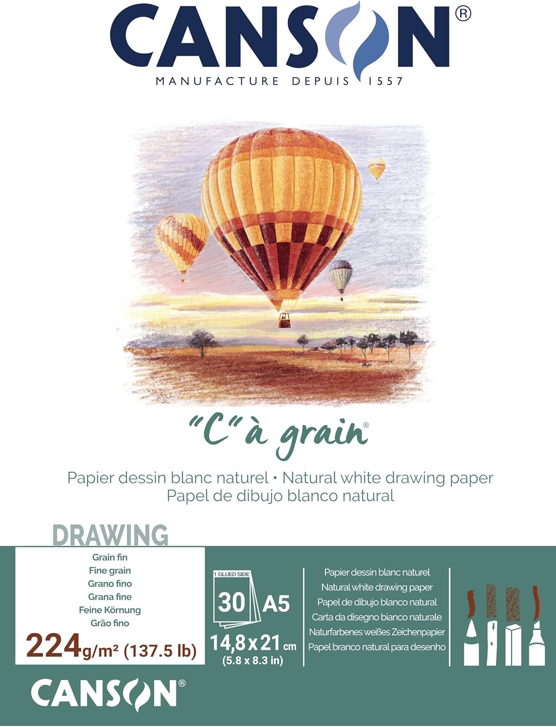 Thumbnail 1 de CANSON « C » à Grain - Bloc 30 feuilles A3 180 g/m², Blanc naturel