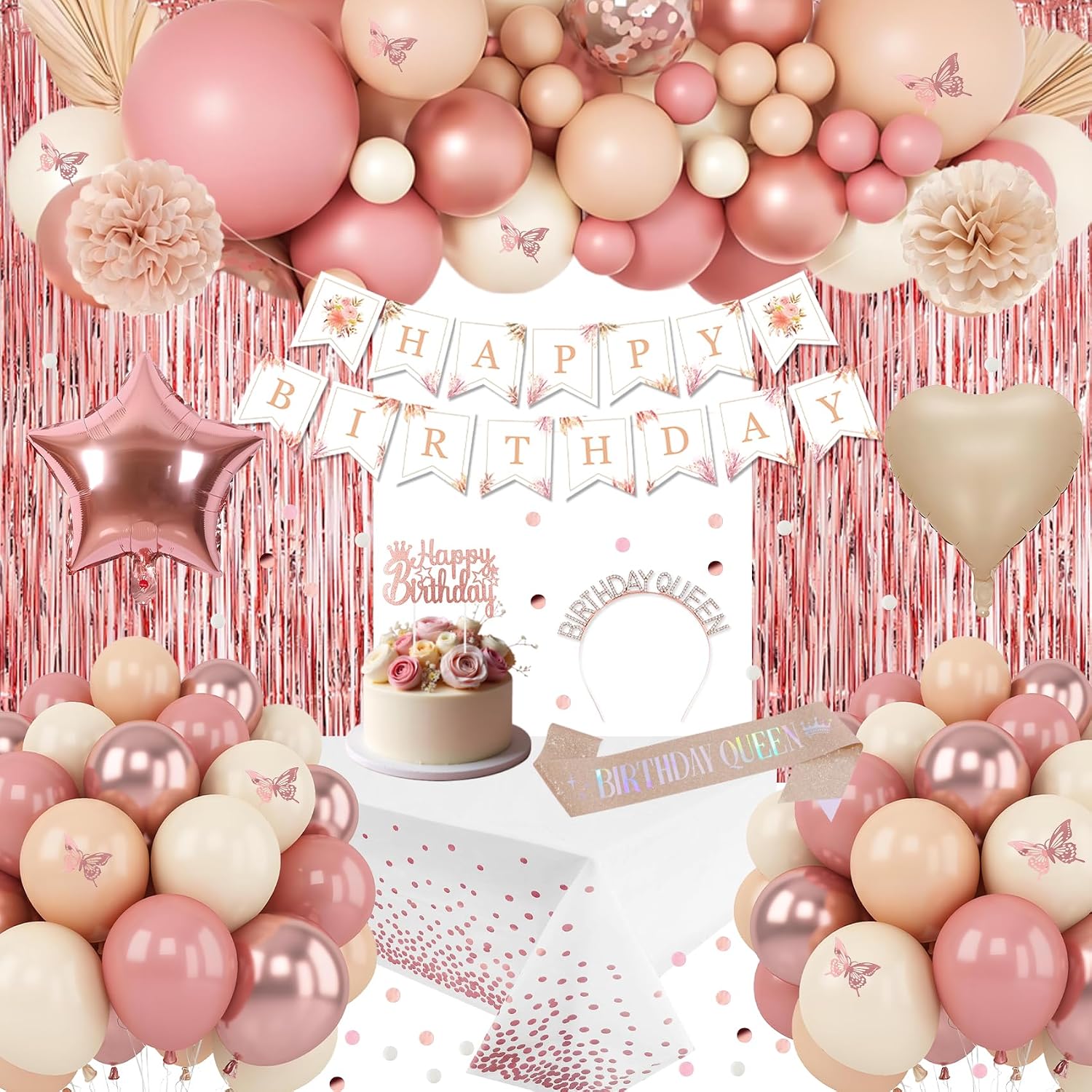 Retro Blush Pink Birthday Decorations Kit – Boho Gold & Dusty Pink Party Set