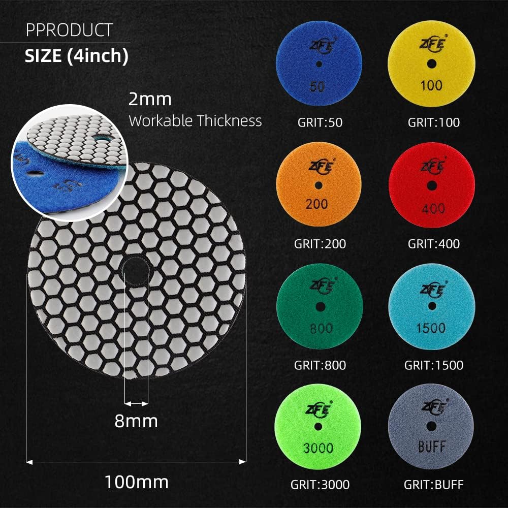 Detalle 2 de Diamond Polishing Pads ZFE 9-Piece Set (4-inch / 100mm) with 5/8”-11 Backing Plate