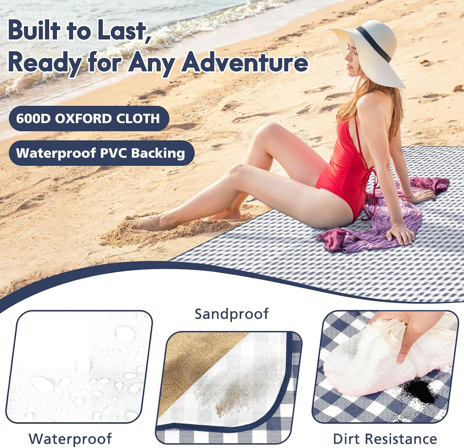 Detalle de Anyiner Picnic Blanket Waterproof 300 x 200 cm (Blue Plaid) – Sand-proof, slip-resistant travel rug