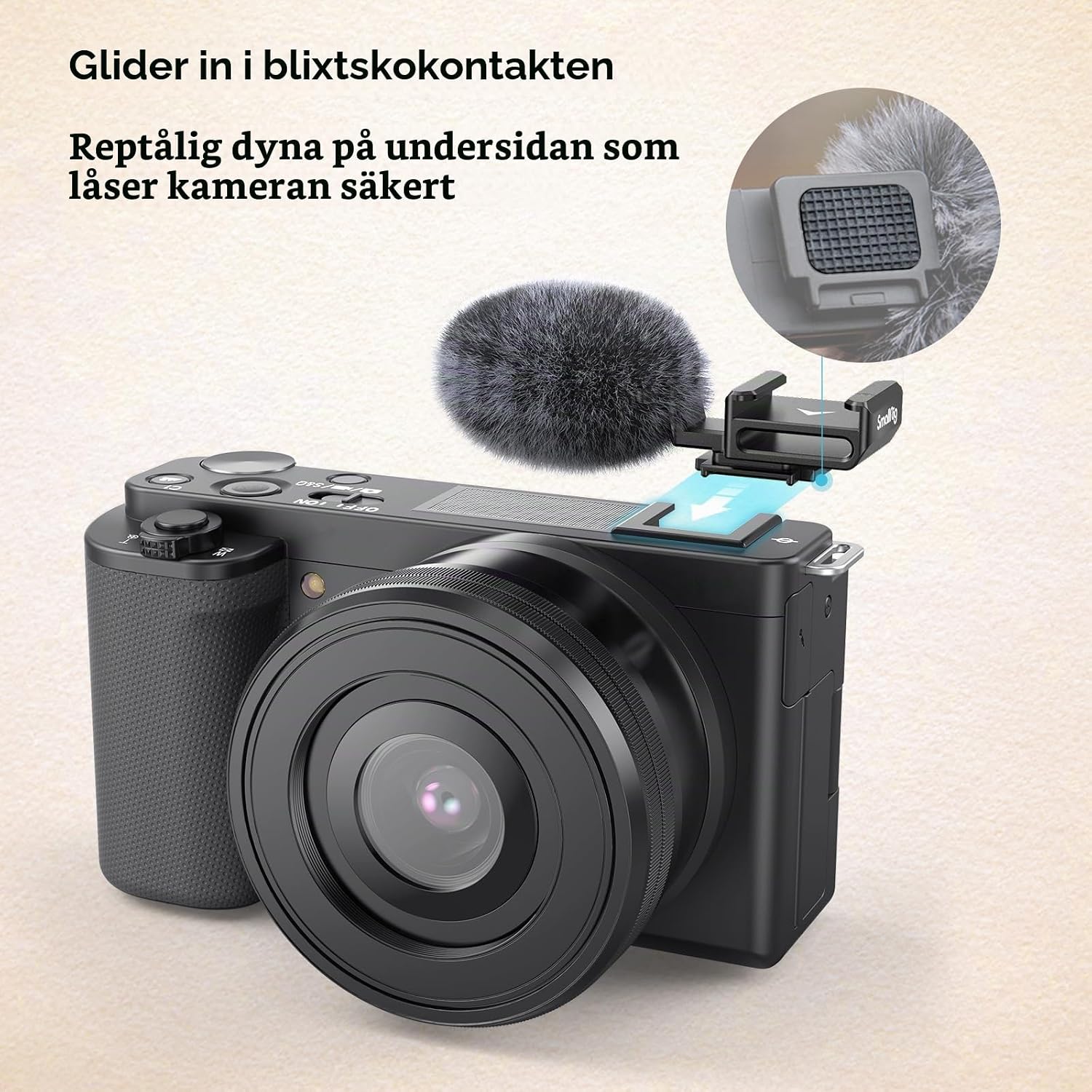 Detalle de SMALLRIG 3526 kallskoadapter med pälsvindskydd för Sony ZV-kameror