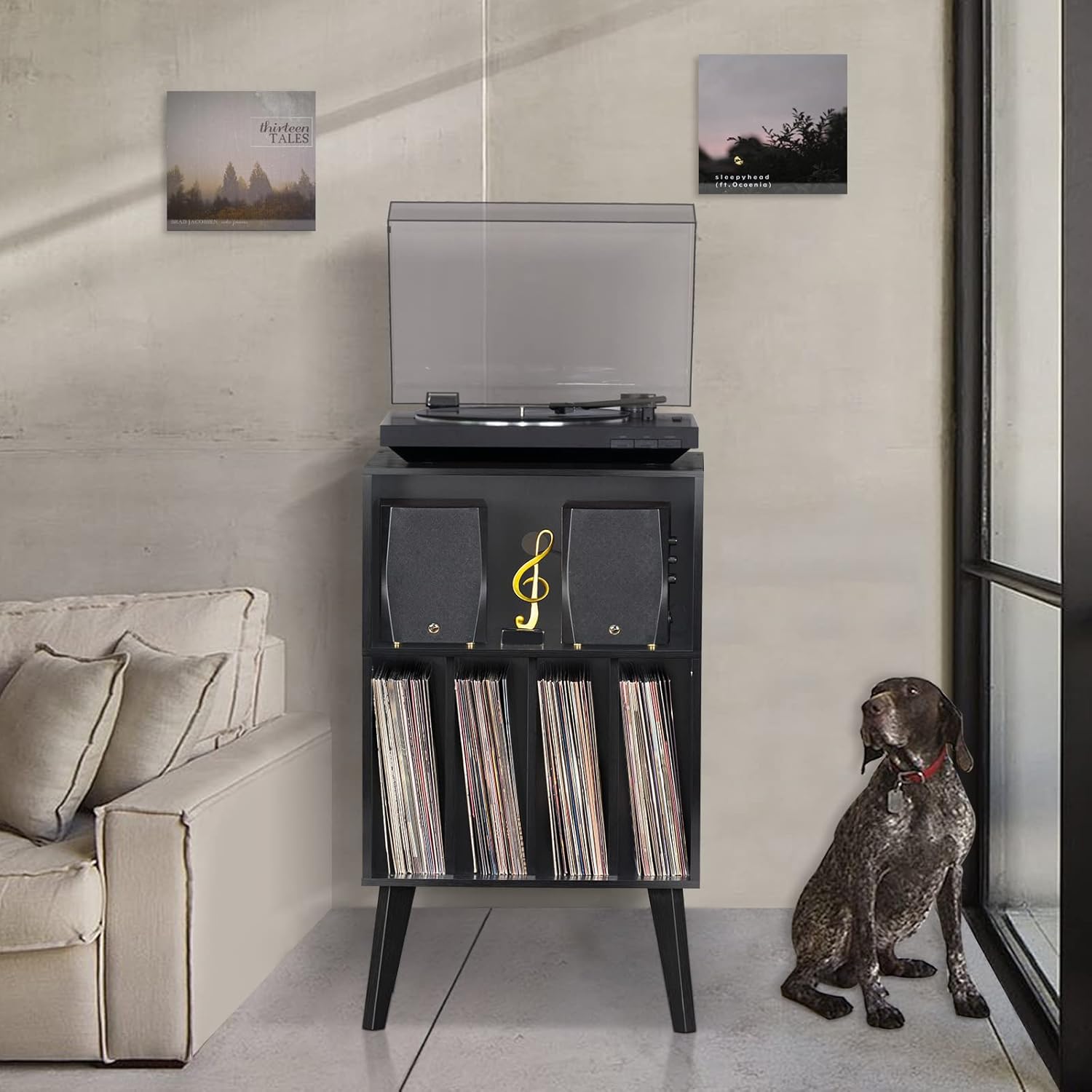 Thumbnail 6 de Lerliuo Record Player Stand, Black – Mid-Century Vinyl Storage with Solid Wood Legs (Holds 160 Albums)