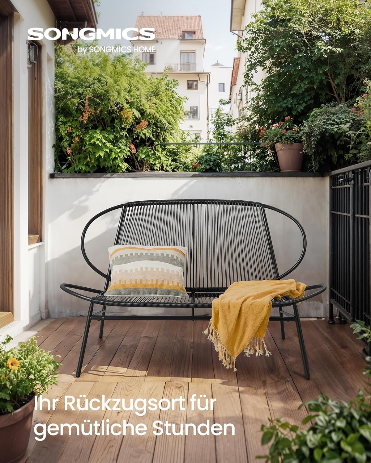 Detalle de SONGMICS Gartenbank 2-Sitzer aus PE-Rattan (tintenschwarz) mit Rückenlehne, für Balkon & Terrasse – GGF0026B01