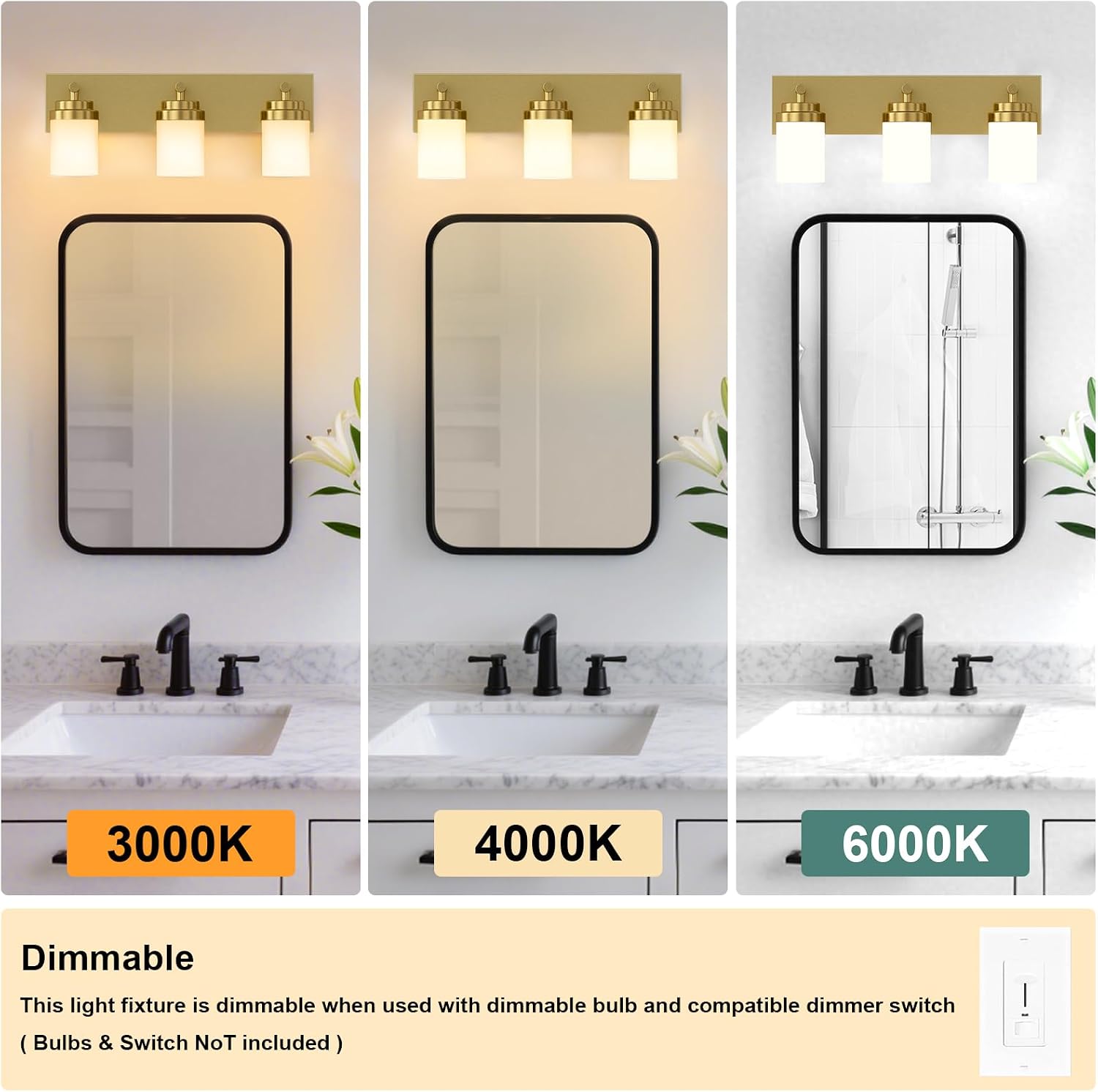 Thumbnail 3 de IZORRO HL101-3T-GD-WT 3-Light Bathroom Vanity Light, Brushed Gold, White Glass