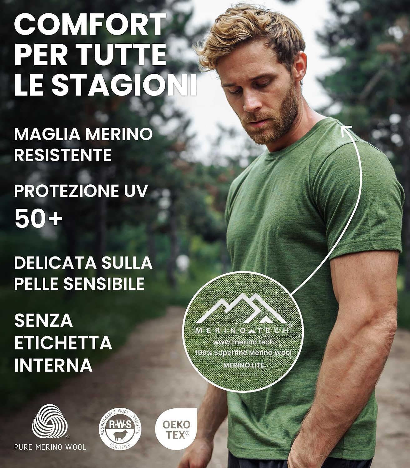 Detalle de Merino.tech Maglietta Lana Uomo – 100% Lana Merino Biologica, intimo leggero e traspirante