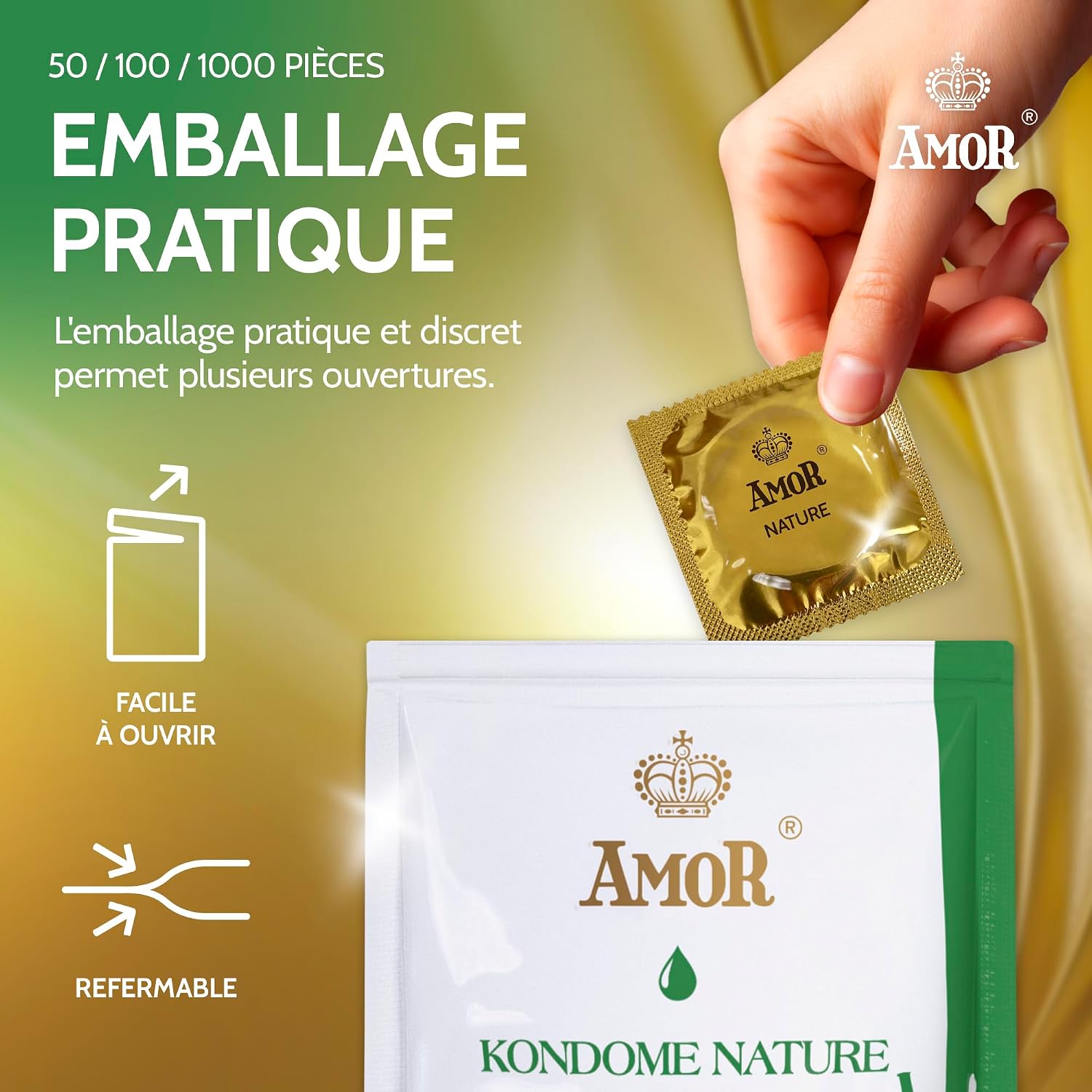 Detalle 2 de Préservatifs AMOR Nature Premium, taille Ø 60 mm, transparents – lot de 100