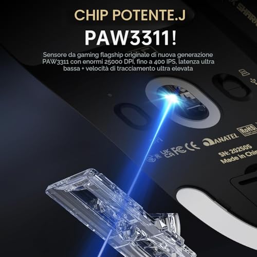 Detalle de ATTACK SHARK X8SE: mouse ultraleggero da 55 g con sensore PixArt PAW3311 e multi‑connessione