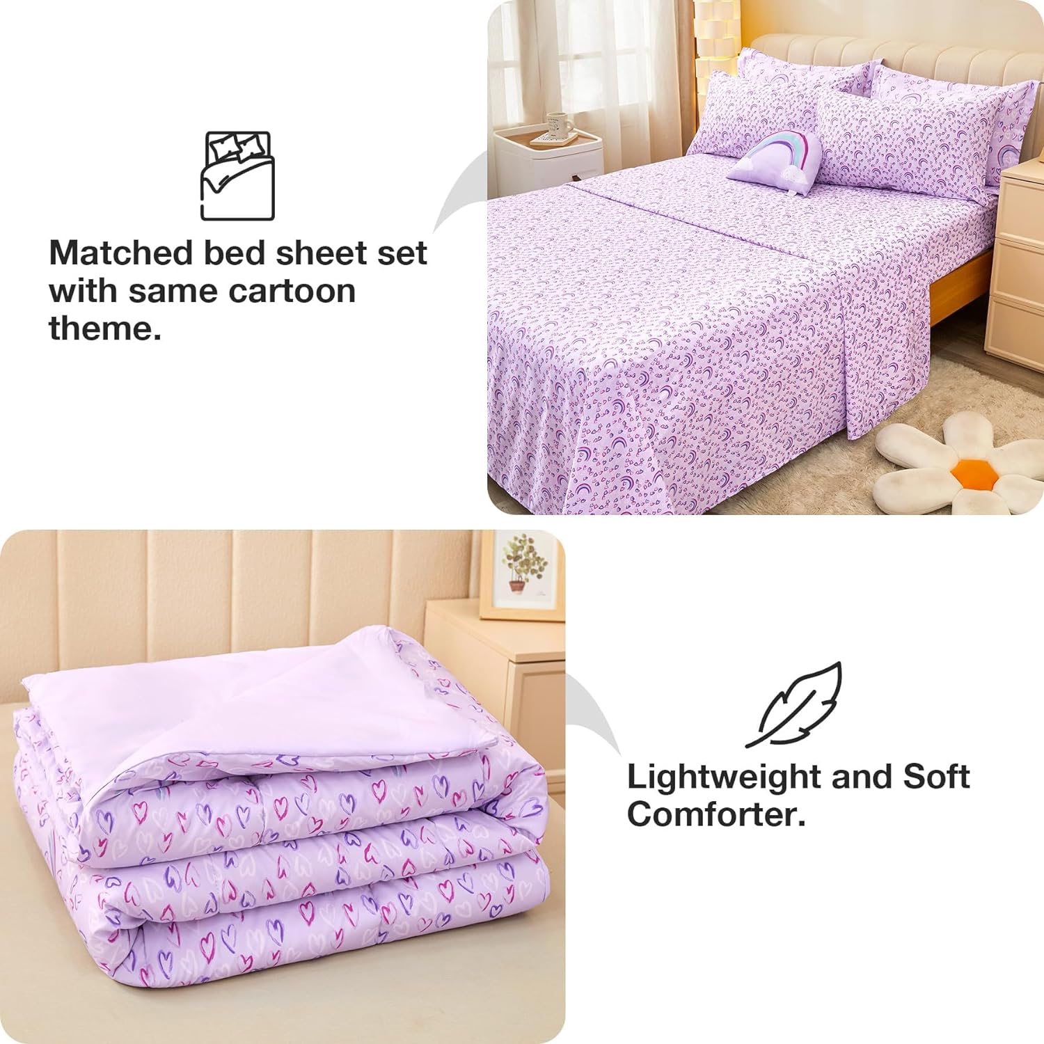 Detalle 2 de Mooreeke Full Size 8-Piece Kids’ Comforter Set, Purple Rainbow Microfiber