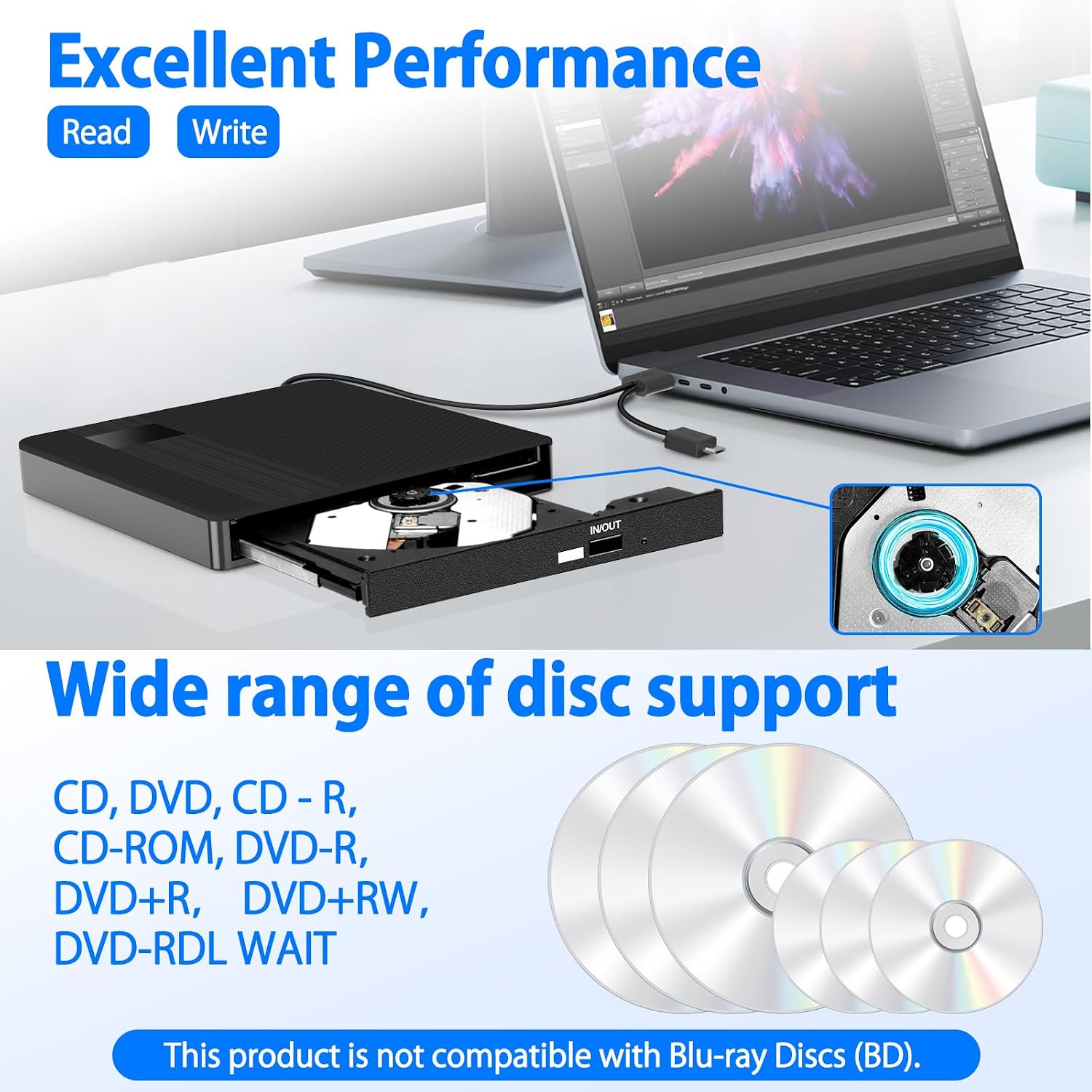 Thumbnail 6 de BNEHHOV External CD/DVD Drive with USB 3.0 Type-C: Portable, Plug-and-Play, cross‑platform optical reader/writer