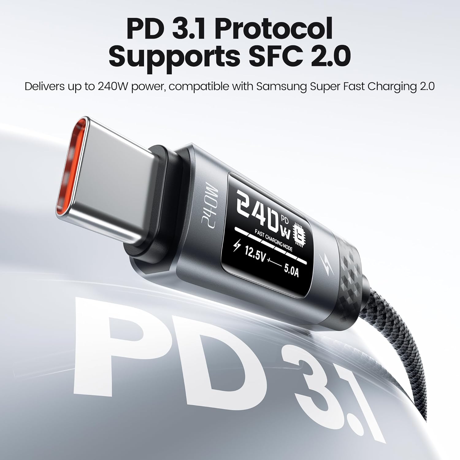 Detalle de toocki 240W USB‑C auf USB‑C Kabel mit OLED Display – 2 m, PD3.1/QC3.1, Nylon (Vielseitiges Schnellladekabel)