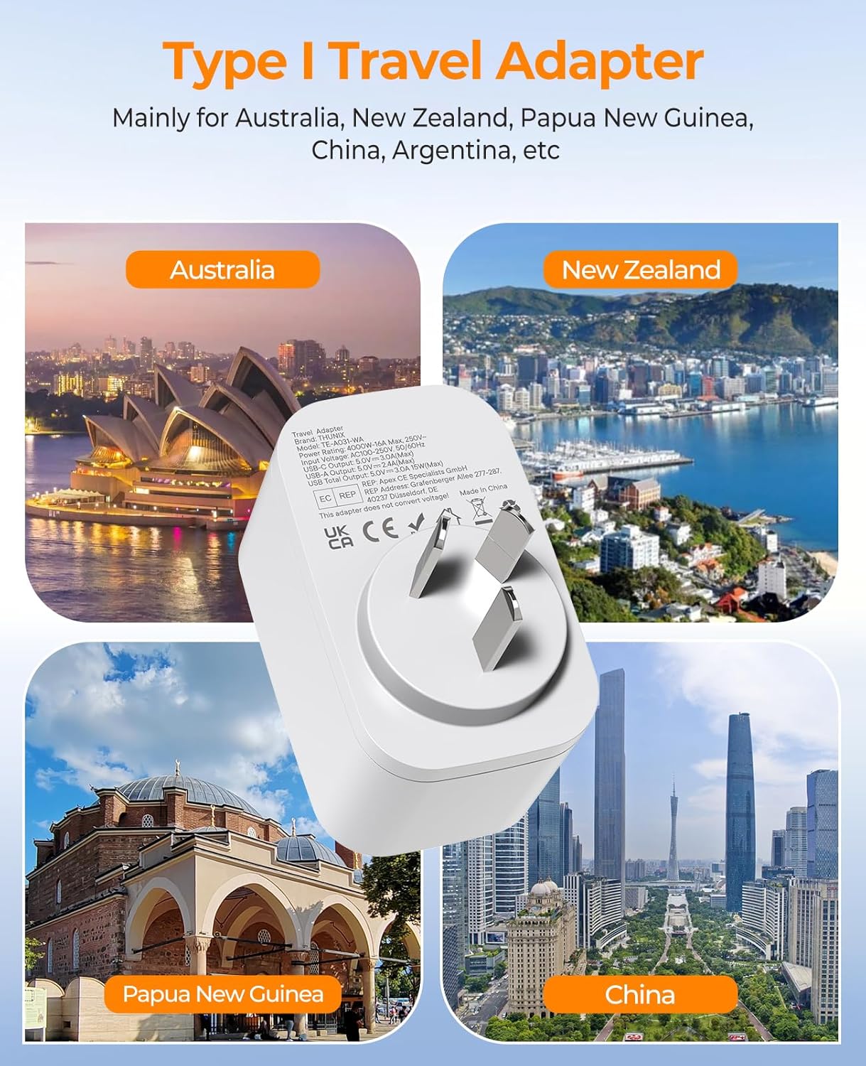 Thumbnail 3 de THUNIX Adaptateur voyage Australie/Chine 4 en 1 avec USB A et 2 USB-C (Type I) – Blanc