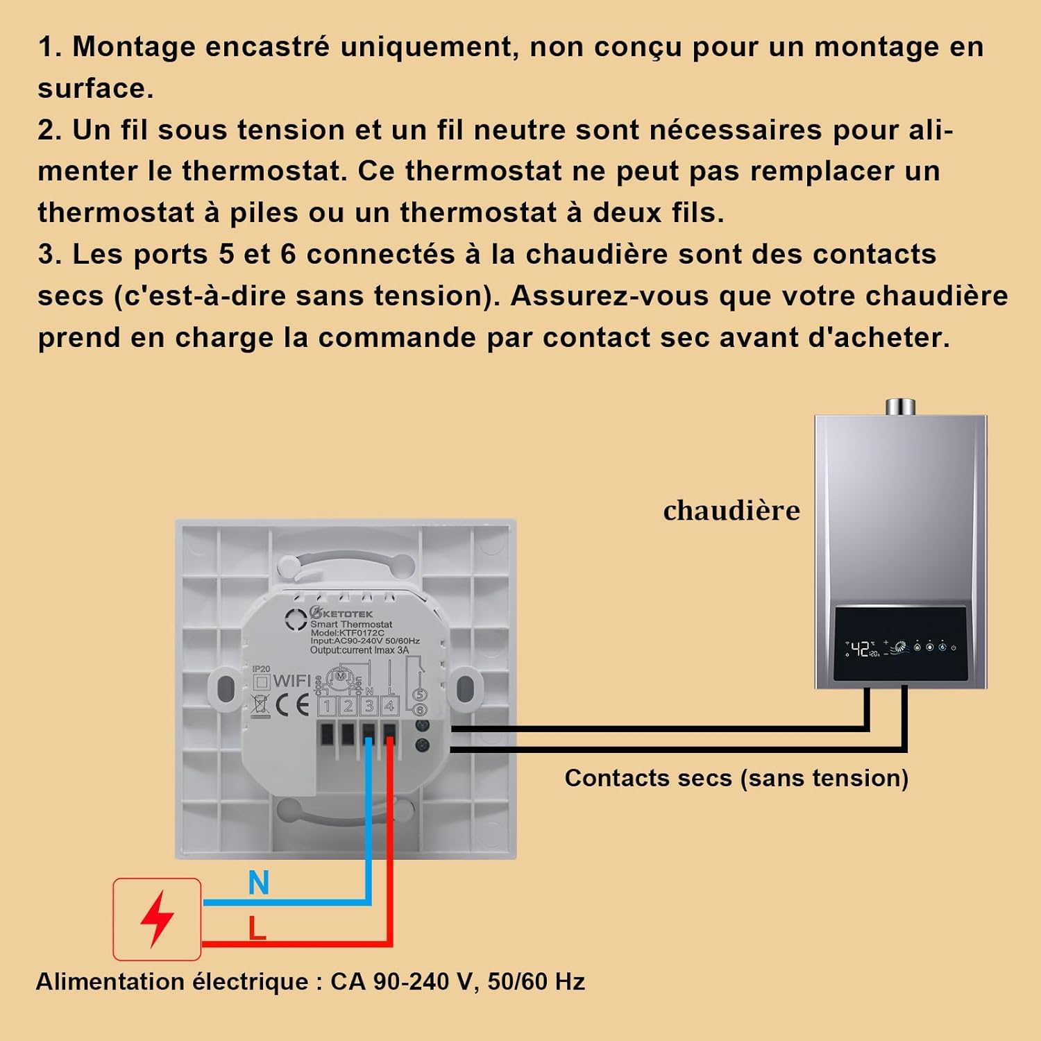 Detalle de KETOTEK WiFi Thermostat pour Chauffage de l'eau par Le Sol 3A – Compatible Alexa et Google Assistant