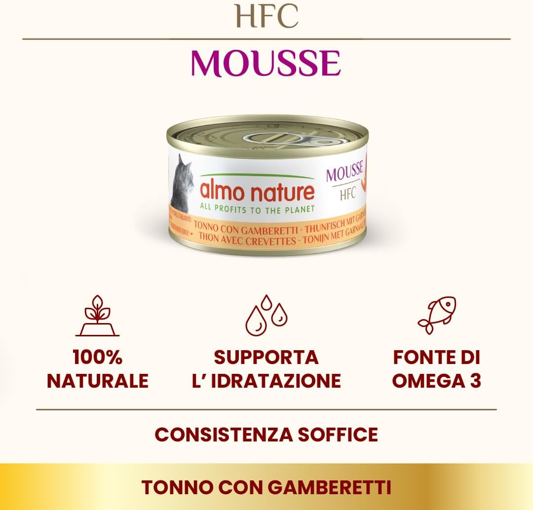 Detalle 2 de Almo Nature HFC Mousse per gatti: tonno con gamberetti in formato 70 g (confezione da 24)