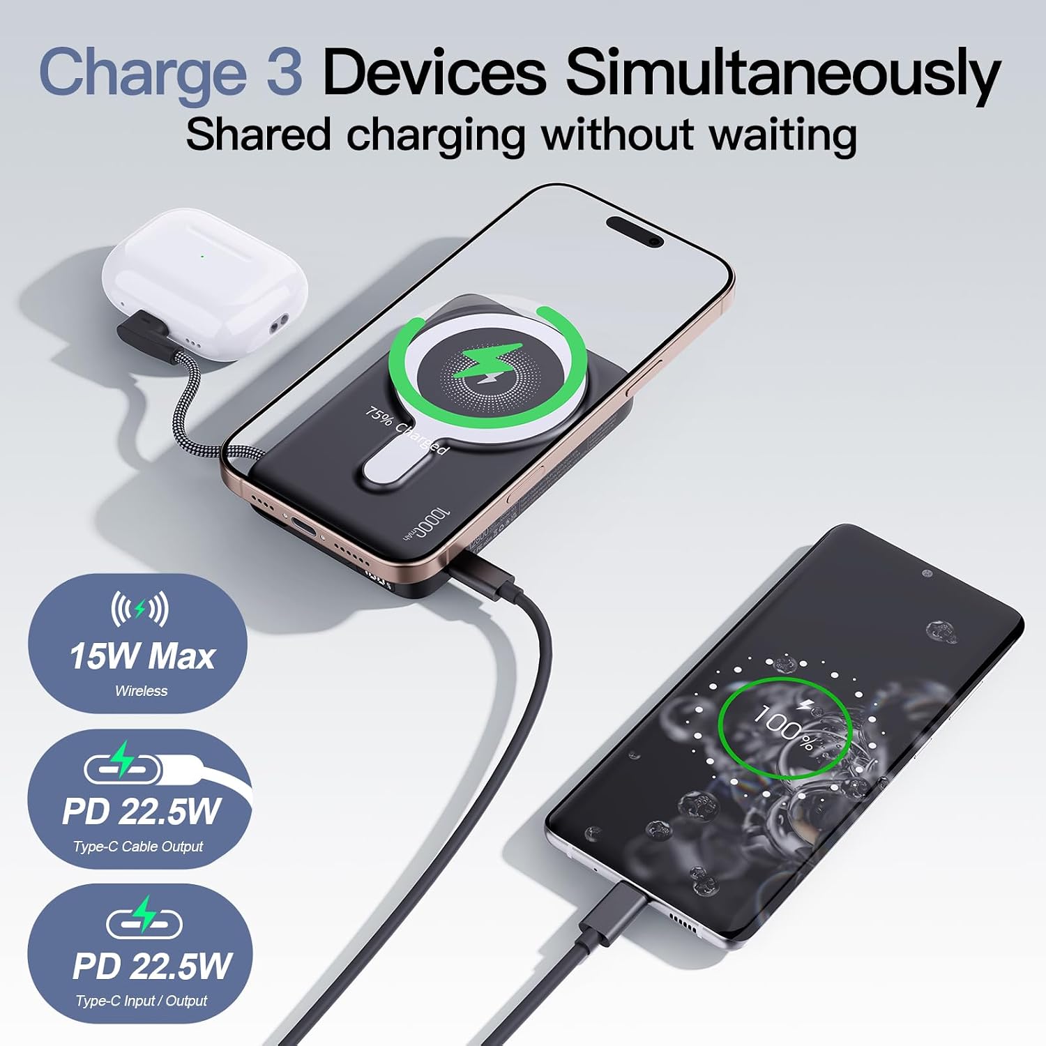 Detalle de FancyBean M3 Magnetic Power Bank, 10,000mAh, Built-In USB-C Cable