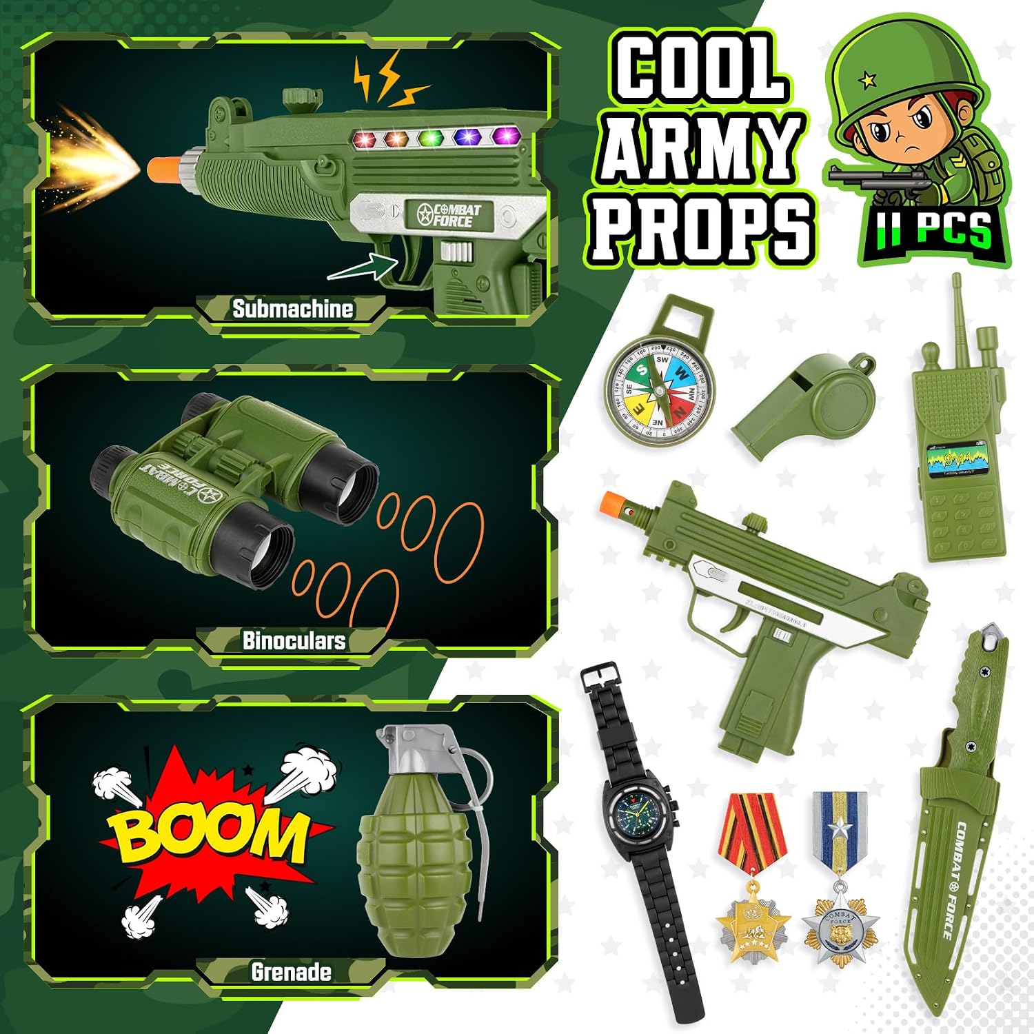 Detalle de GIFTINBOX Army Costume for Boys, 15-Piece Camo Soldier Dress-Up Set