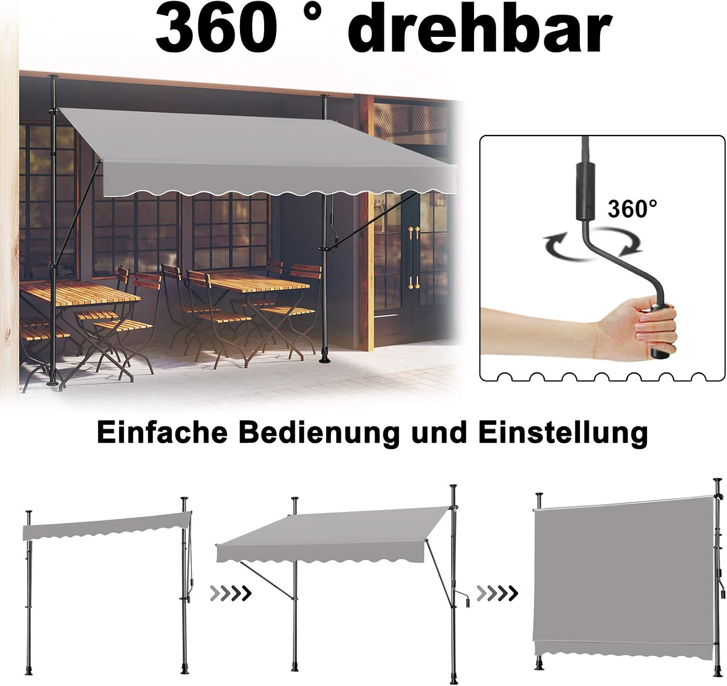 Thumbnail 4 de Klemmmarkise Balkon 300x120 cm – manuelle Einziehmarkise, höhenverstellbar, UV-beständig, ohne Bohren, Grau