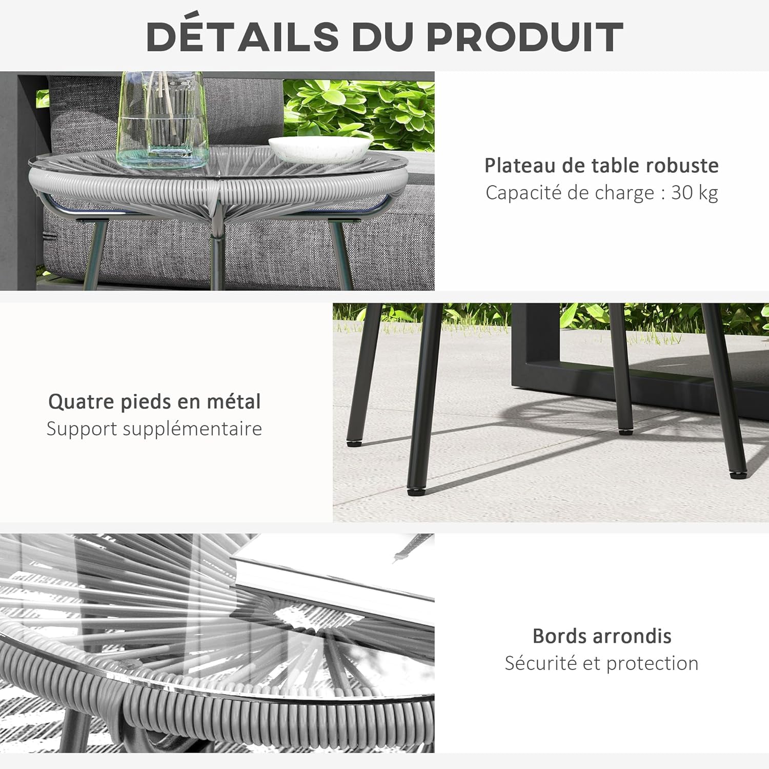 Thumbnail 5 de Table basse ronde Outsunny en résine, rotin métal et plateau verre trempé Ø50 cm – Gris
