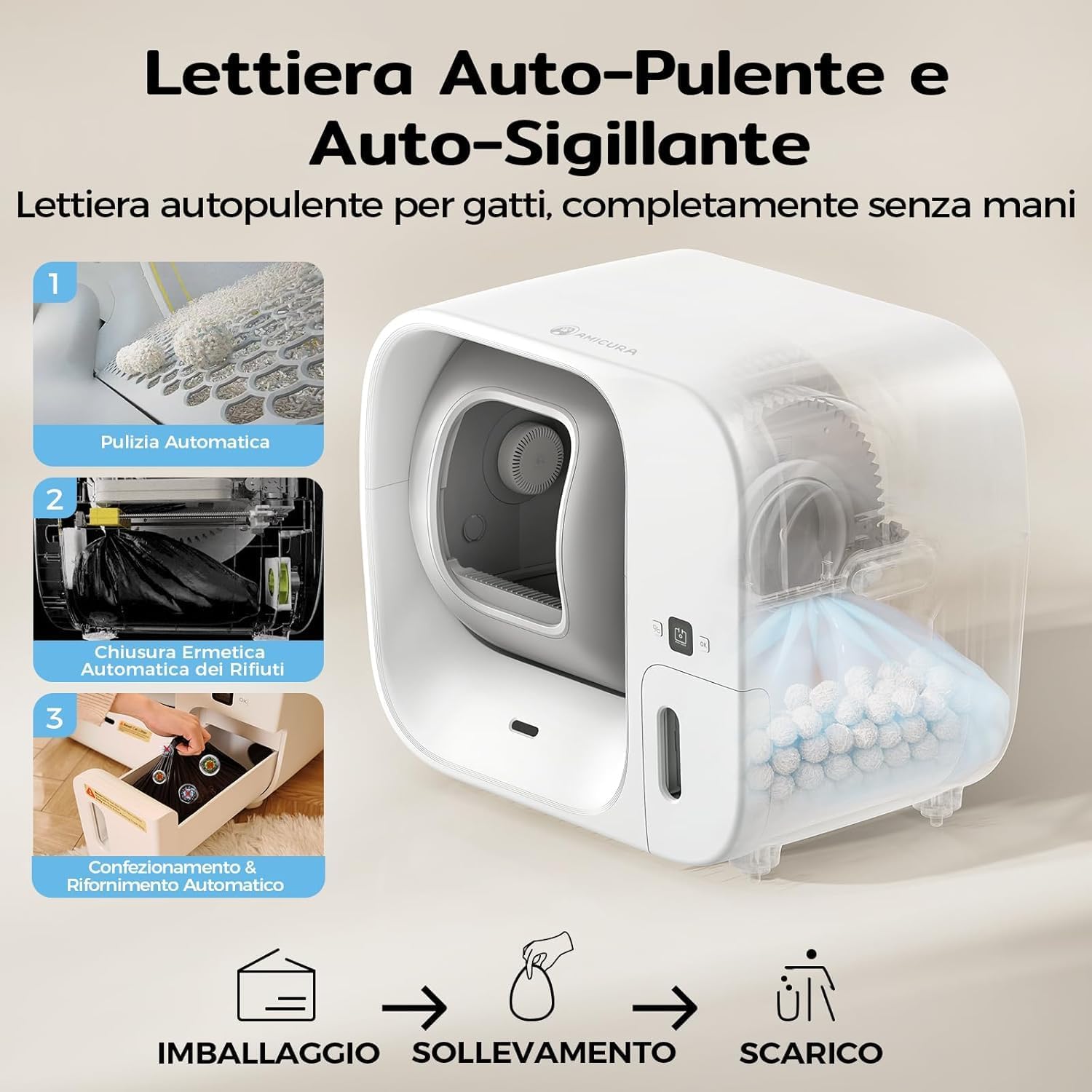 Detalle 2 de Amicura Cura3 Lettiera Gatto Autopulente 60L